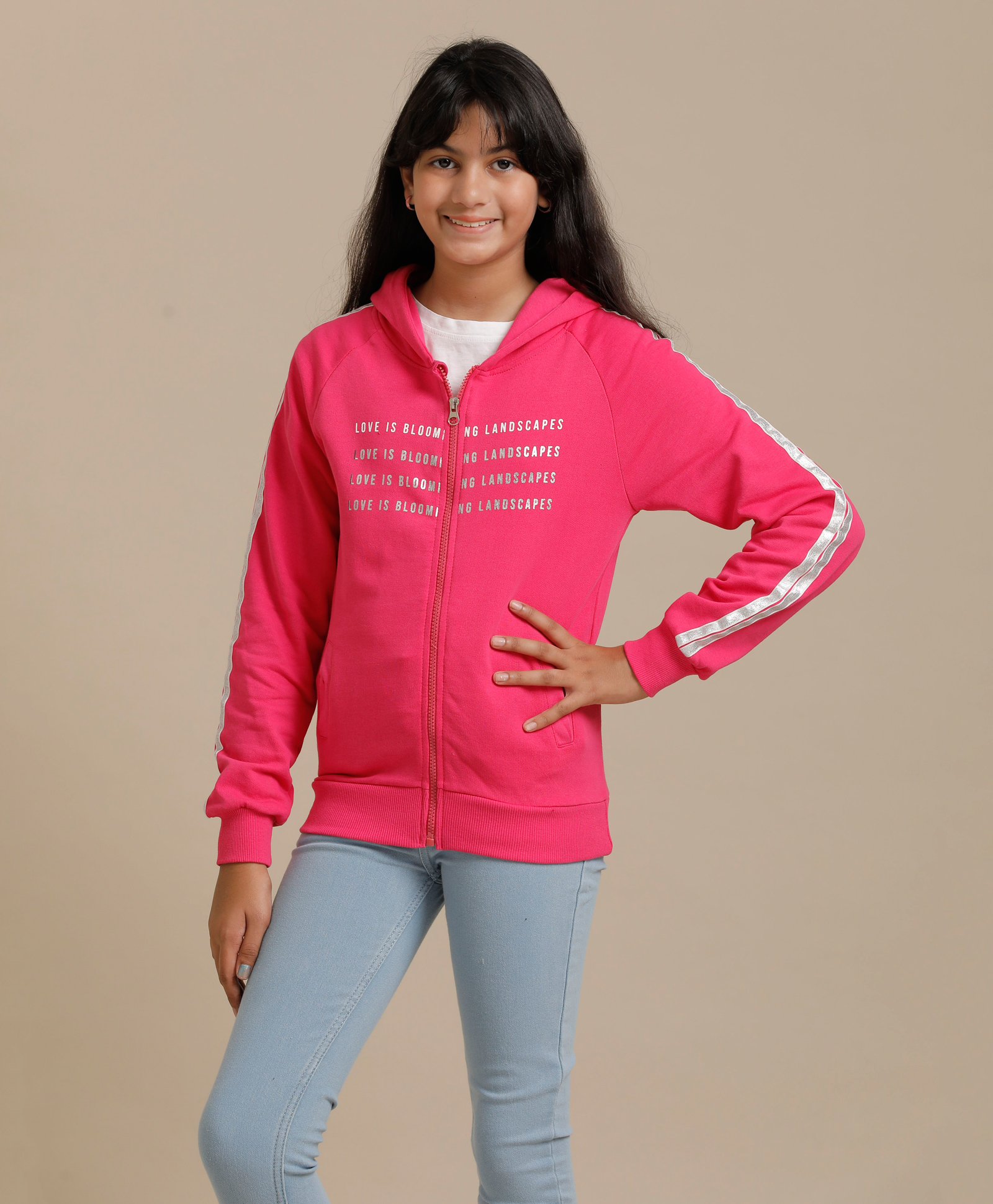 Under Fourteen Only Full Sleeves Love Is Blooming Landscapes Text Printed Hooded Light Winter Jacket - Pink-picture-39