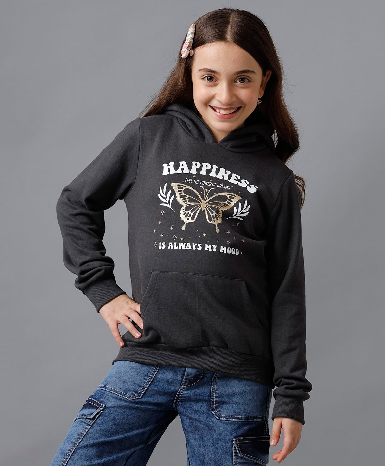 Under Fourteen Only Full Sleeves Butterfly Printed Hoodie - Dark Gull Grey-image-17