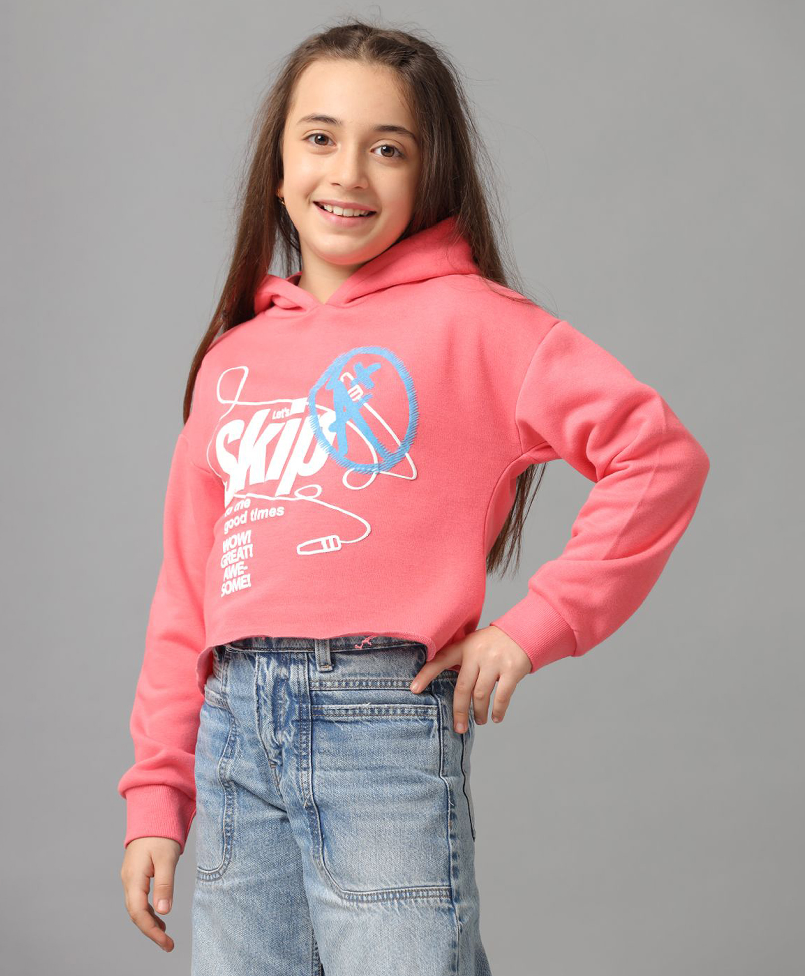 Under Fourteen Only Full Sleeves Skip Text Printed Light Winter Hooded Sweatshirt - Pink Lemonade-image-33
