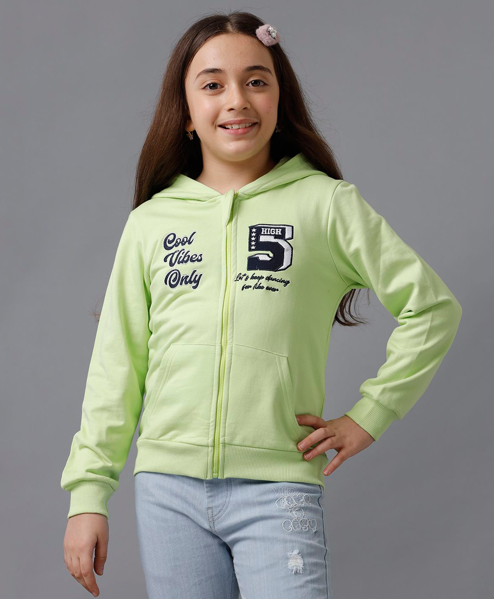 Under Fourteen Only Full Sleeves Cool Vibes Only Text Printed Hooded Light Winter Jacket - Lime Green-picture-24