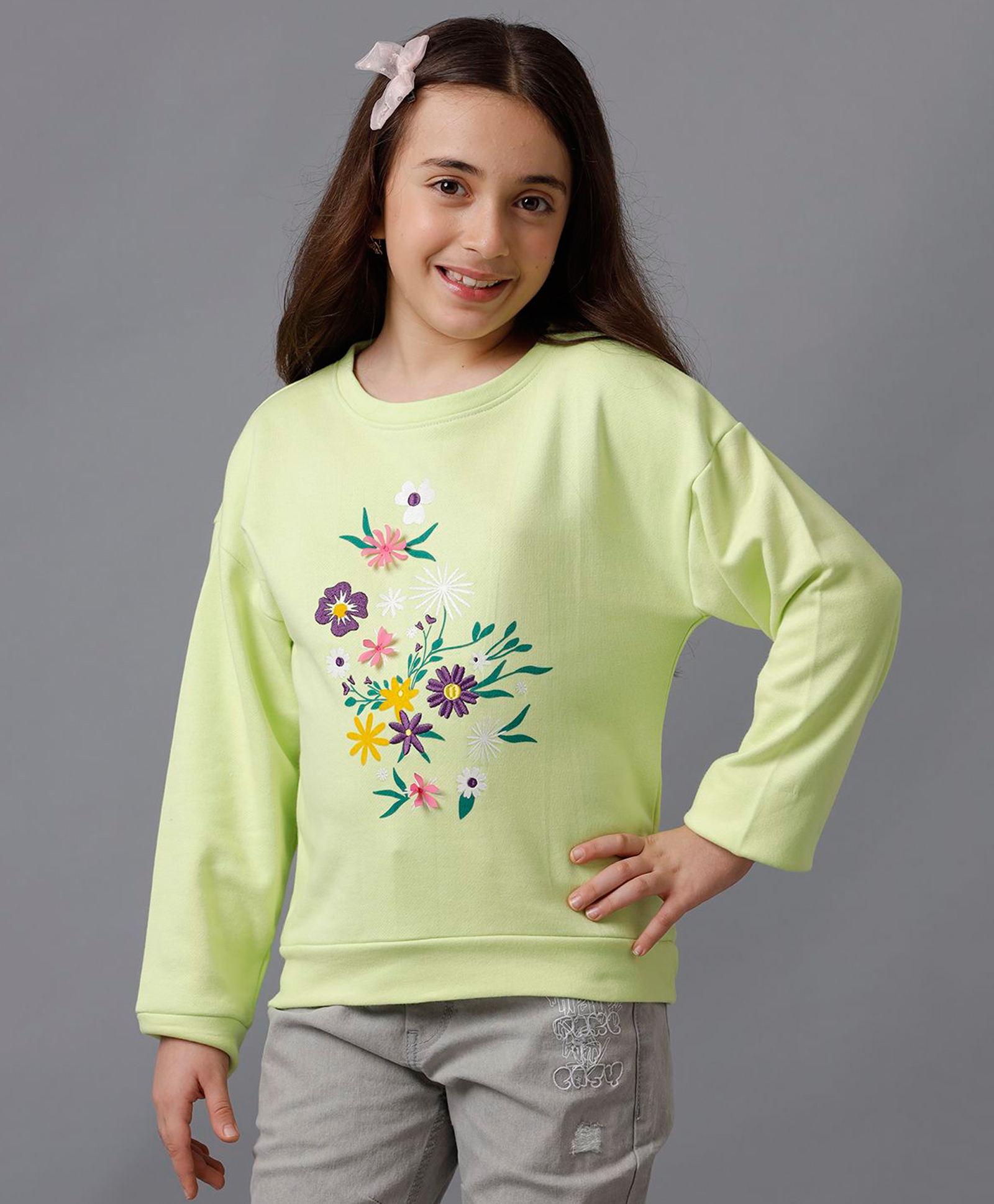Under Fourteen Only Full Sleeves Floral Embroidered Light Winter Sweatshirt - Jade Lime-picture-29