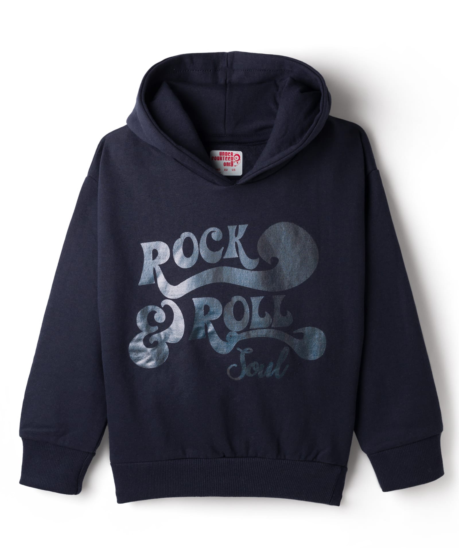 Under Fourteen Only Full Sleeves Rock & Roll Soul Text Printed Hooded Light Winter Sweatshirt - True Navy-picture-19