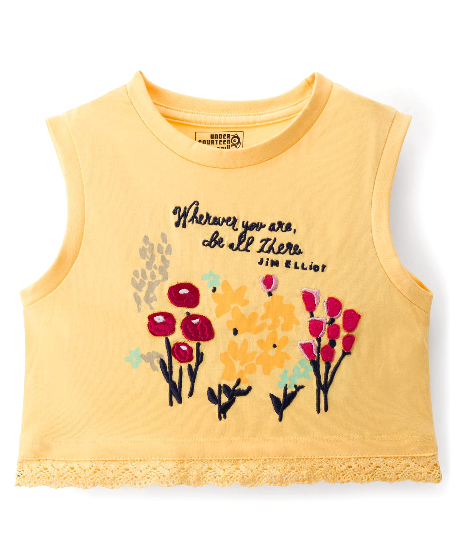 Under Fourteen Only Sleeveless Wherever You Are Be All There Text Printed Crop Top - Yellow-image-40