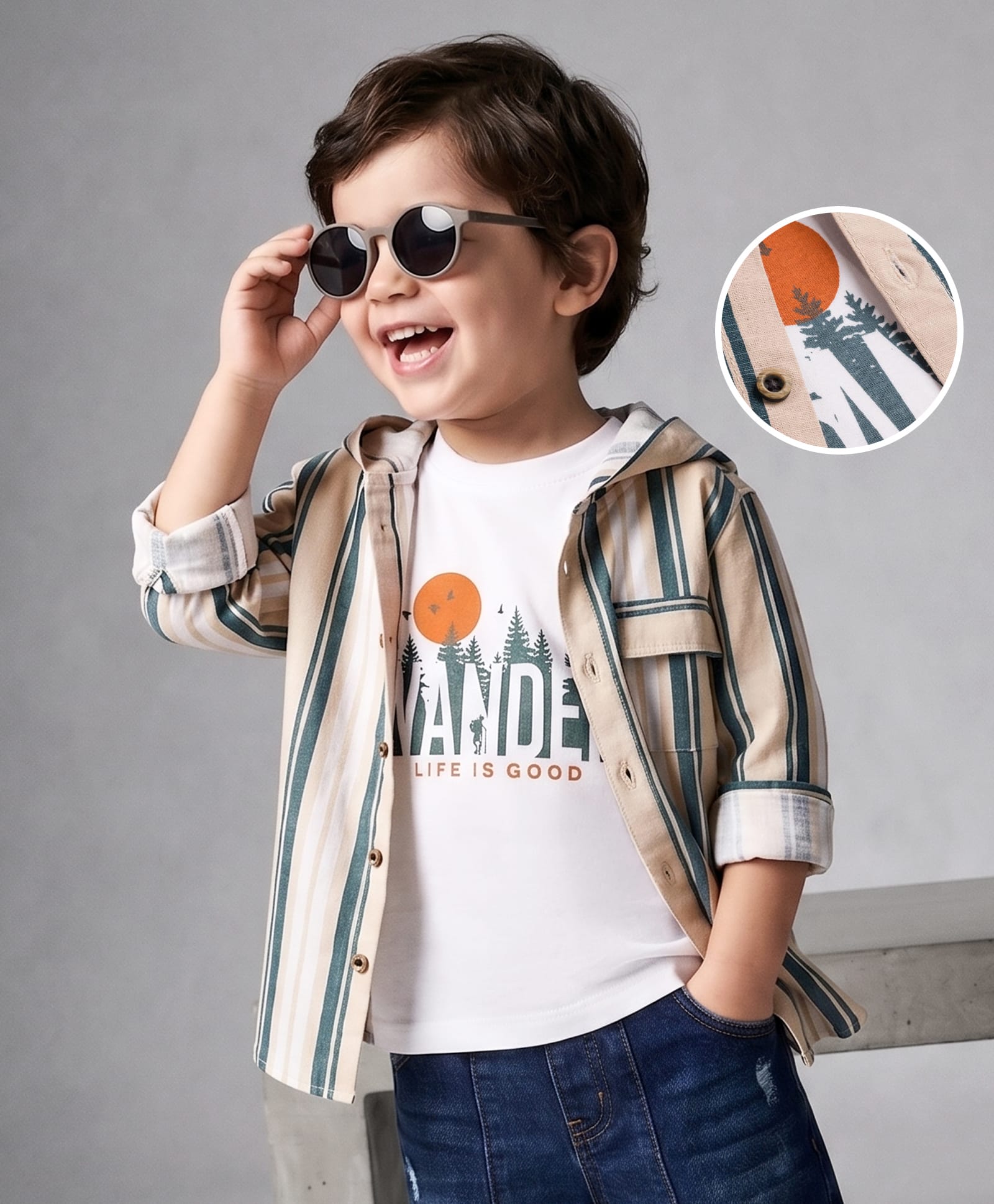 Kookie Kids Cotton Knit Full Sleeves Striped Hooded Party Jacket with T-Shirt - Beige-image-36