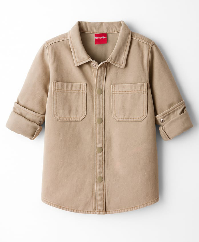Kookie Kids Cotton Woven Full Sleeves Solid Color Shacket - Beige-image-2