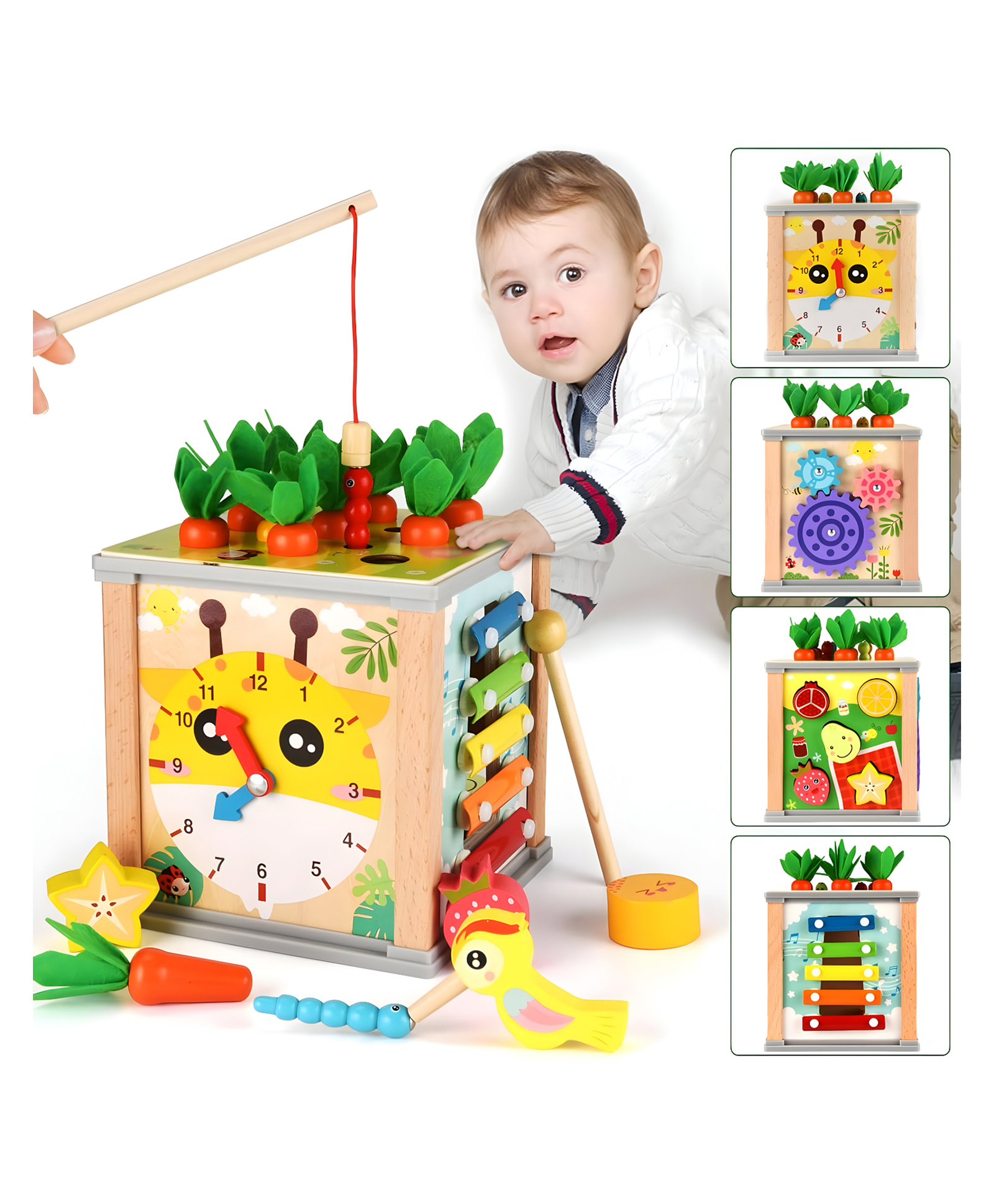 NEGOCIO 6-in-1 Activity Cube, Montessori Activity Center, Carrot Harvest Wooden Toy- Pack of 1- Color May Vary-picture-12