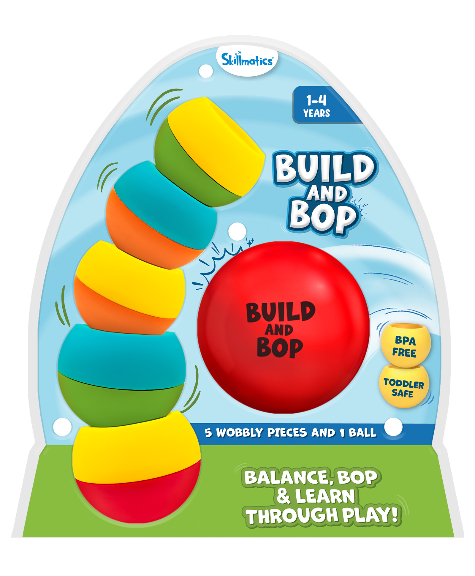 Skillmatics Stacking & Toppling Toy for Toddlers - Build & Bop, Montessori Baby Toy with 5 Wobbly Pieces & Soft Ball, Fun Indoor Game, Developmental Learning Gift - Multicolour
