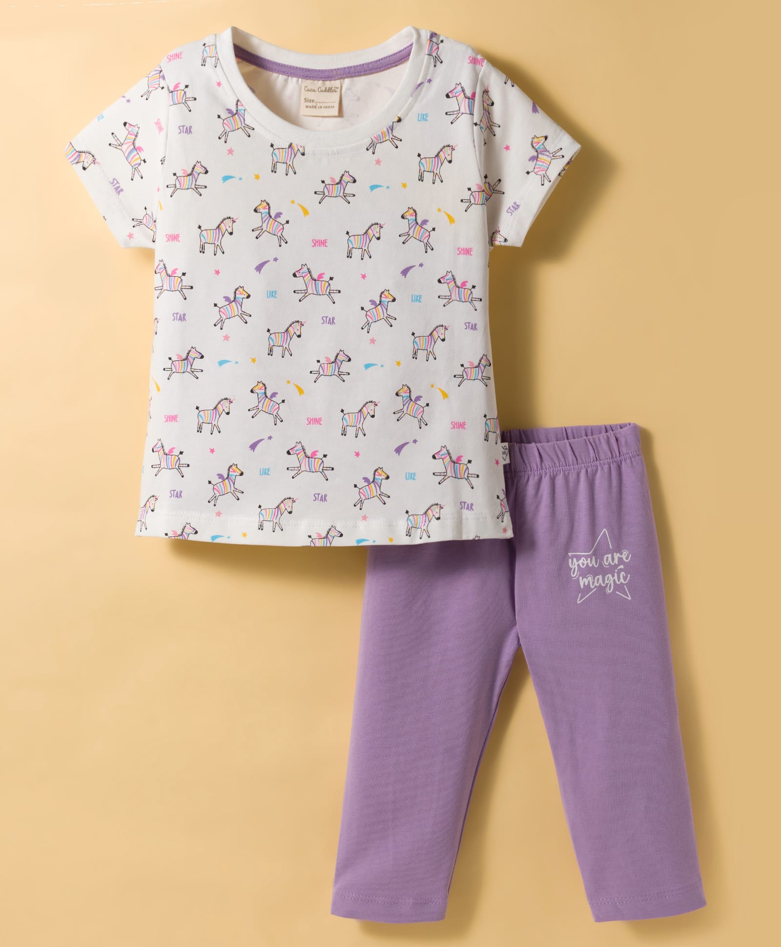CUCUMBER Single Jersey Knit Half Sleeves T-Shirt & Joggers Set With Zebra Print - White & Purple-image-30