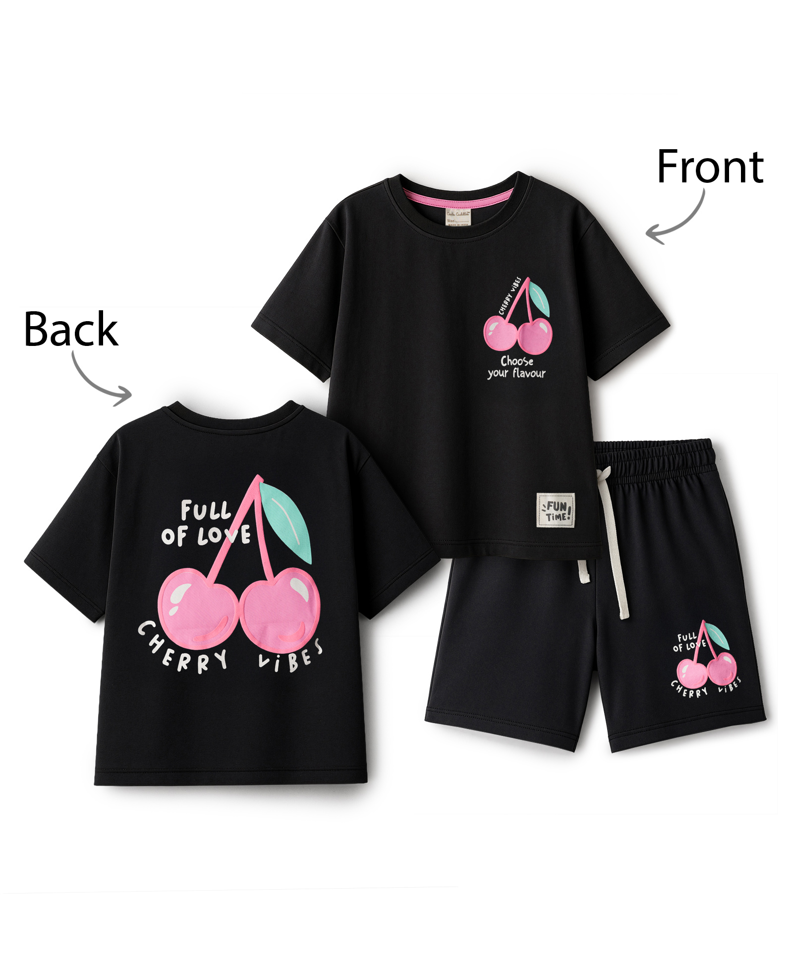 CUCUMBER Half Sleeves Single Jersey Knit T-Shirt & Shorts Set With Front & Back Full Of Love Text Print - Black-picture-13