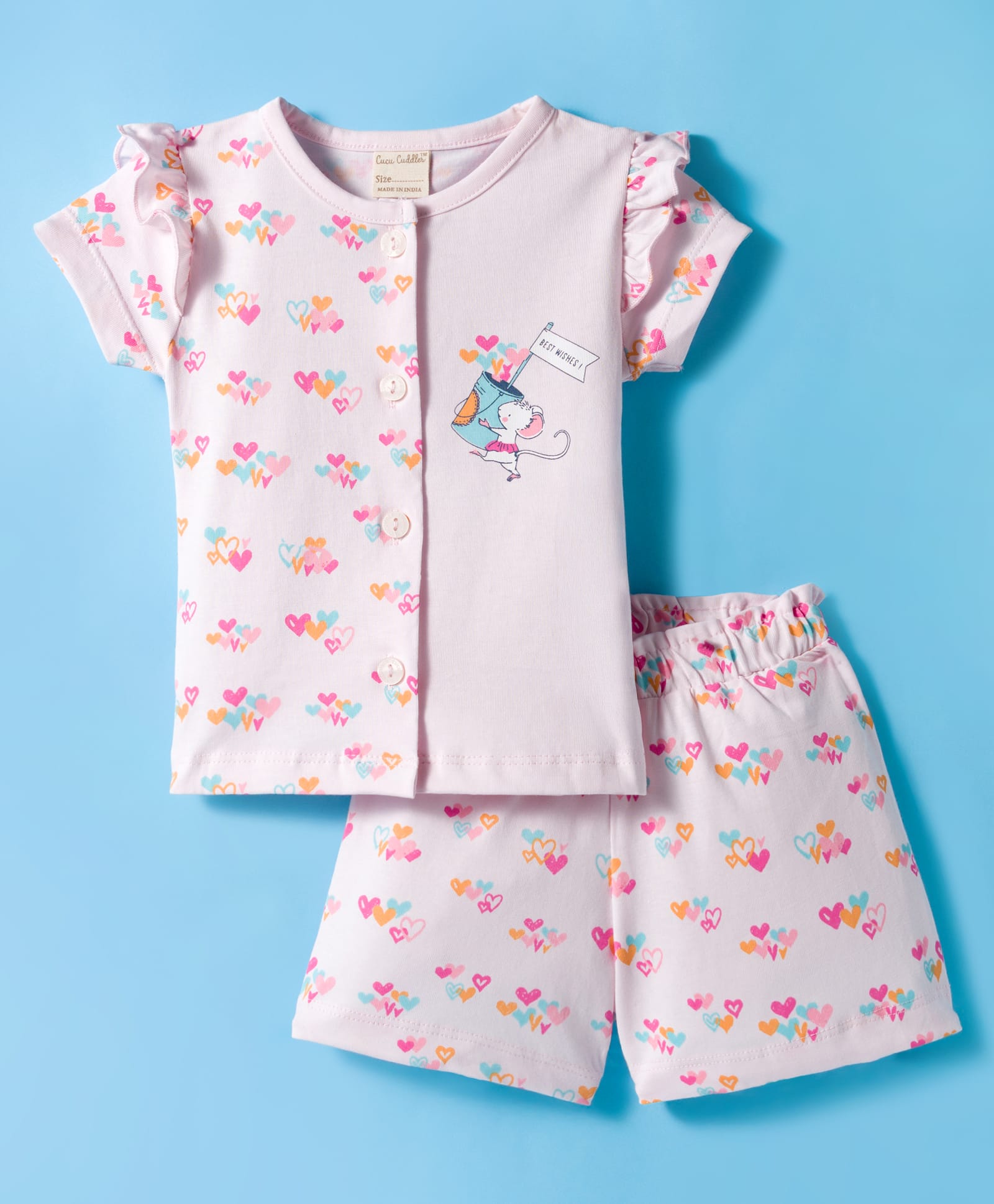 CUCUMBER Sinker Knit Half Sleeves Shorts Night Suit With Heart Print - Pink-picture-41