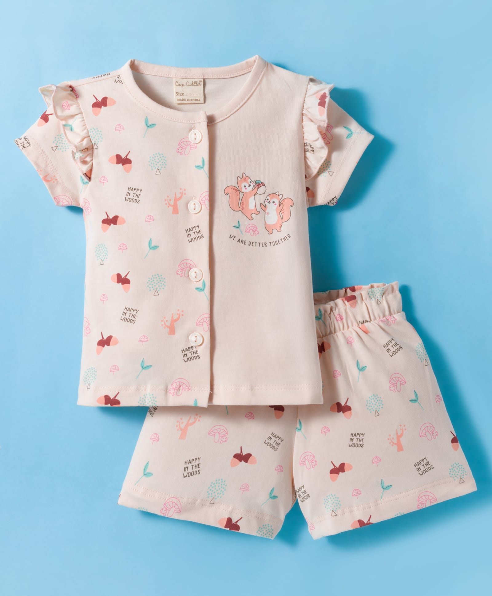 CUCUMBER Sinker Knit Half Sleeves Shorts Night Suit With Text Print - Peach-image-30