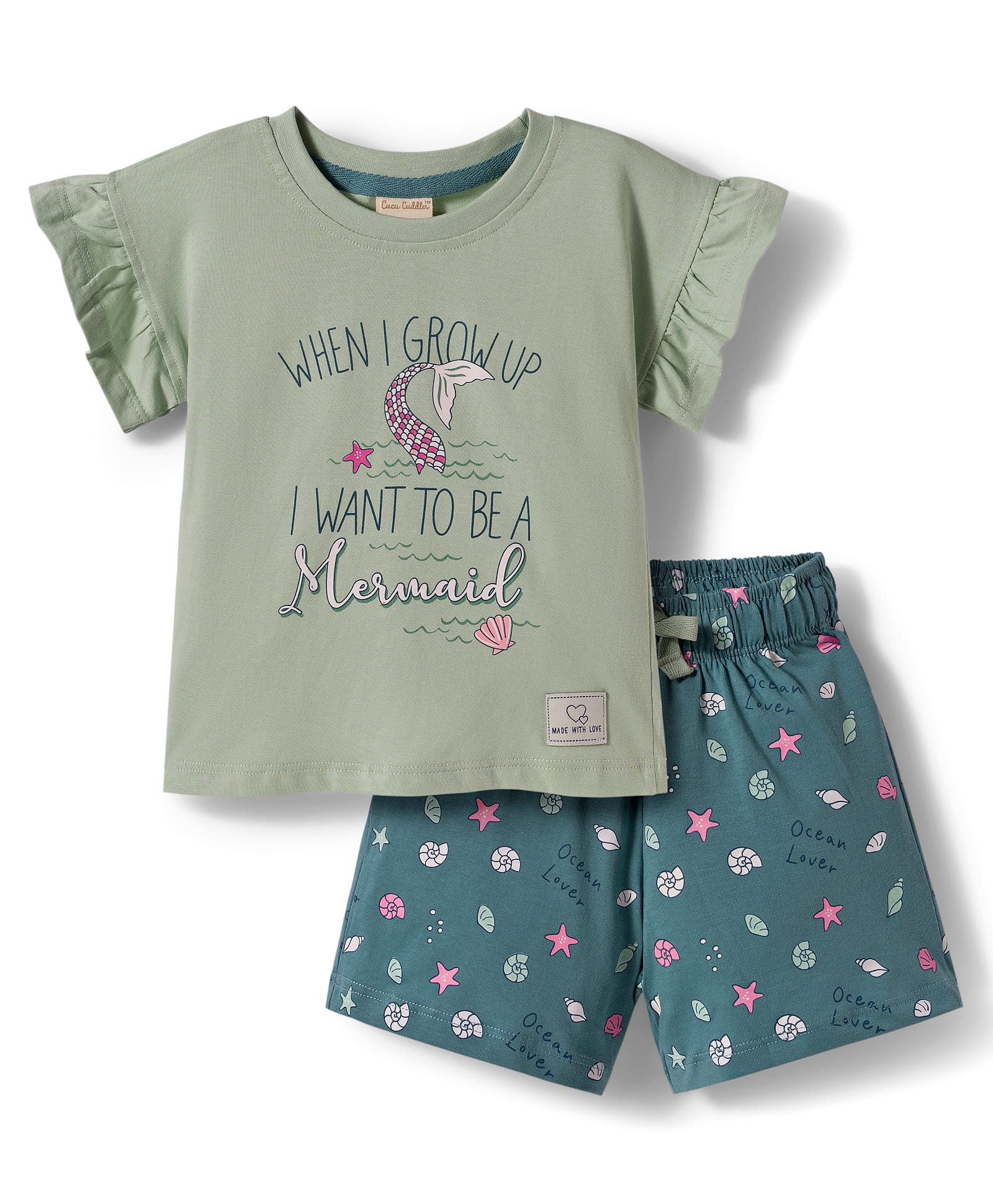 CUCUMBER Sinker Knit Half Sleeves Short Night Suit With Text Print - Sea Green-picture-35