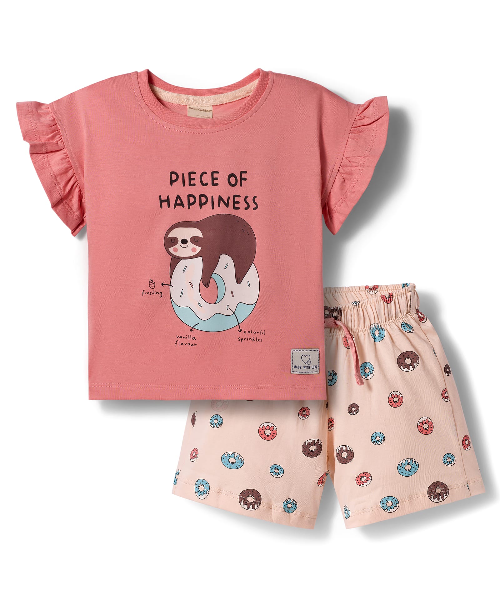 CUCUMBER Sinker Knit Half Sleeves Short Night Suit With Text Print - Peach-picture-37