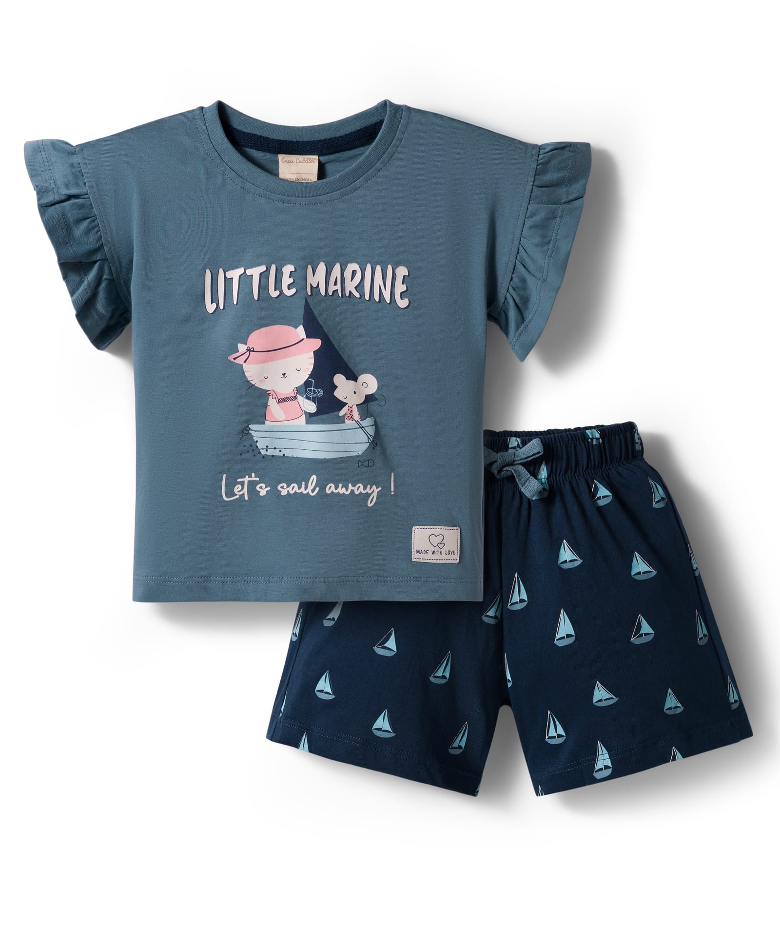 CUCUMBER Sinker Knit Half Sleeves Short Night Suit With Text Print - Teal Blue-picture-32