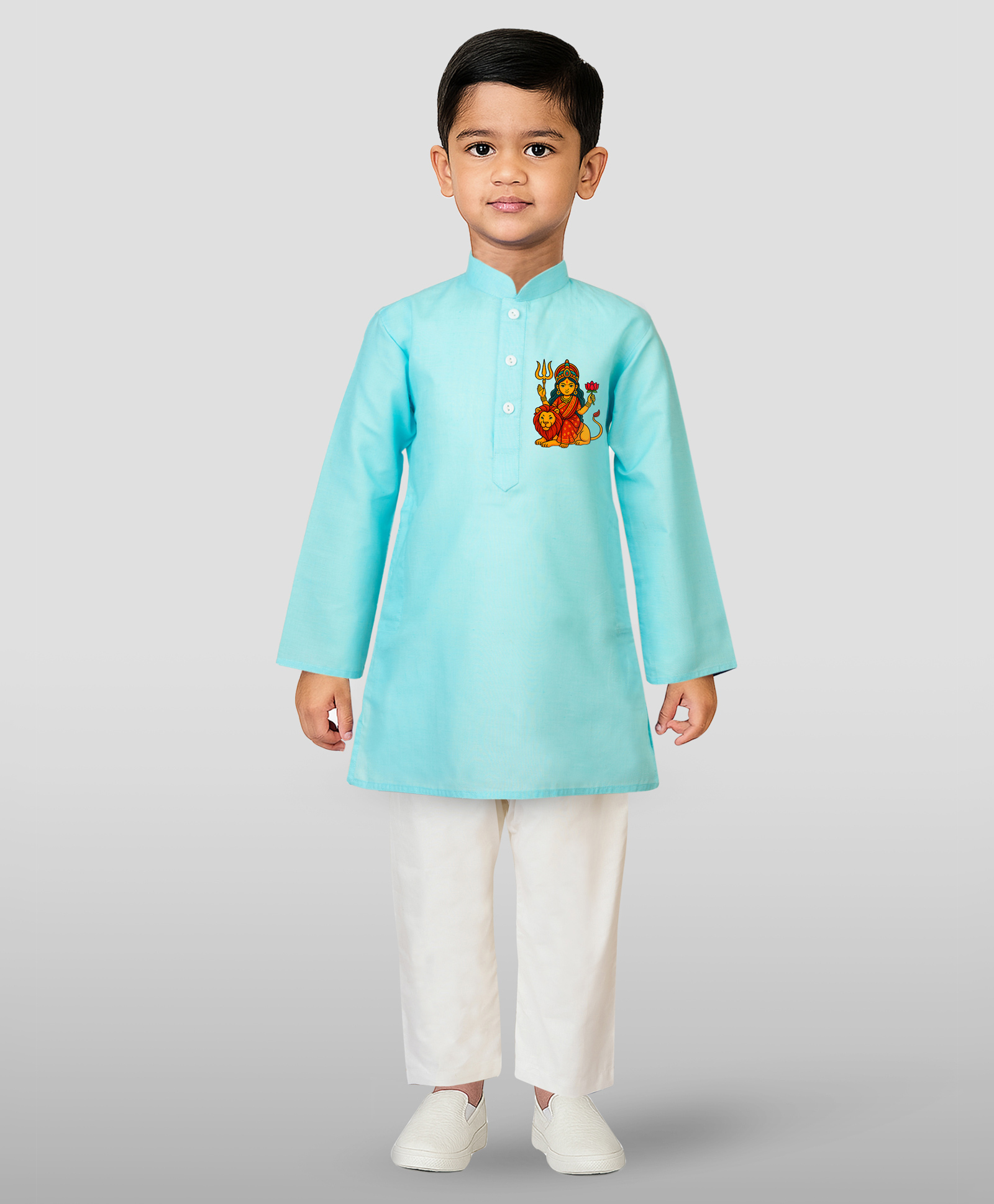 JBN Creation Cotton Woven Navratri Theme Full Sleeves Maa Durga Printed Kurta Pyjama Set - Aqua-picture-17