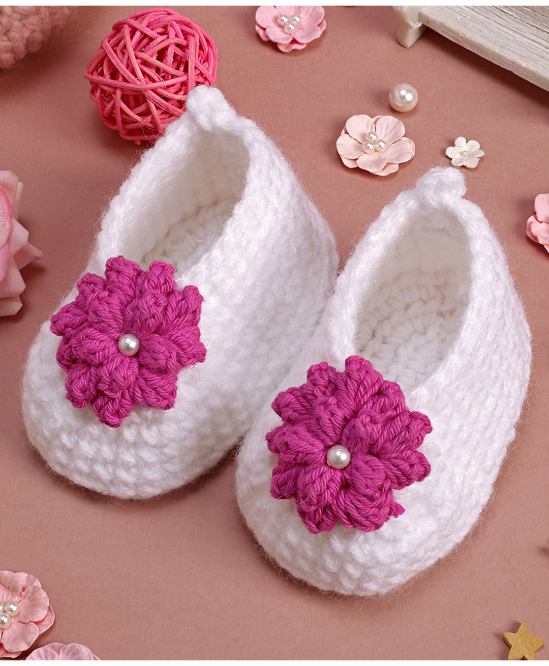 Love Crochet Art Wool Dahlia Embellished Booties - White & Pink-picture-16