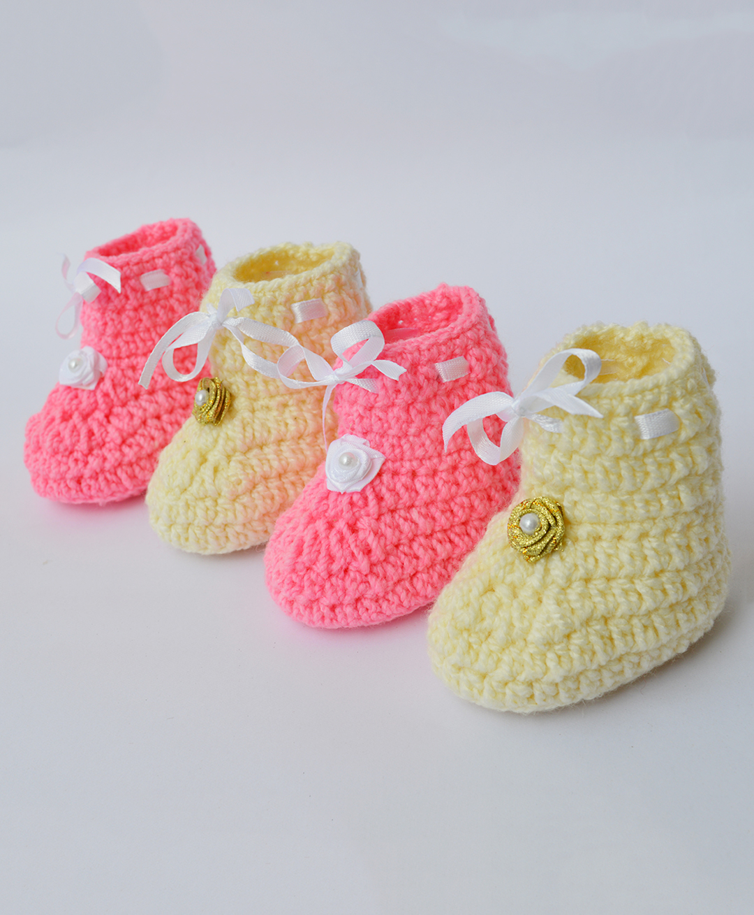 Love Crochet Art Wool Pack Of 2 Floral Applique Detailed Pearl Embellished Booties - Cream & Pink-image-30