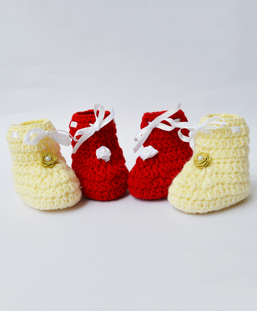 Love Crochet Art Wool Pack Of 2 Floral Applique Detailed Pearl Embellished Booties - Red & Cream-image-7