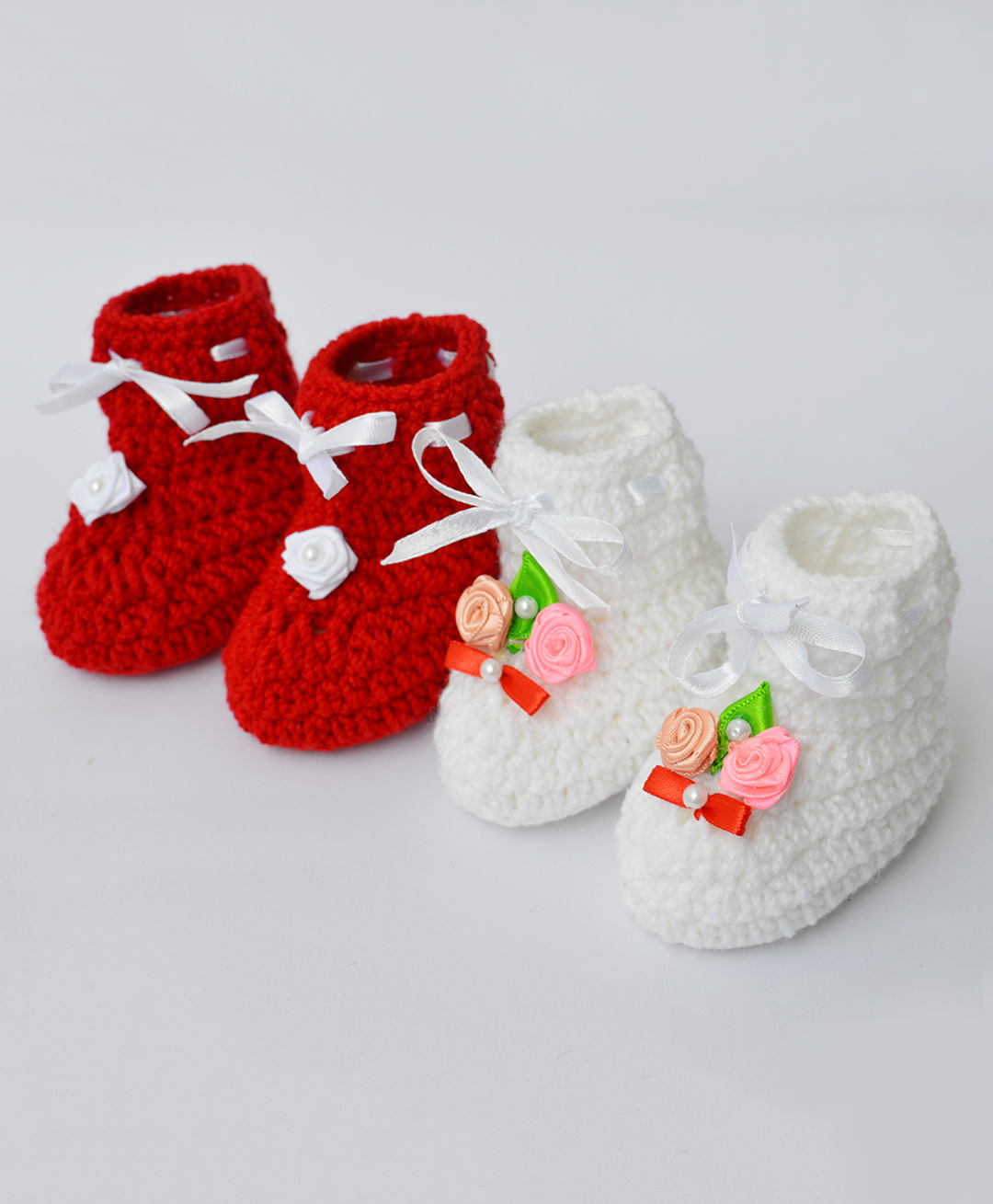 Love Crochet Art Wool Pack Of 2 Floral Applique Detailed Pearl Embellished Booties - White & Red-picture-28