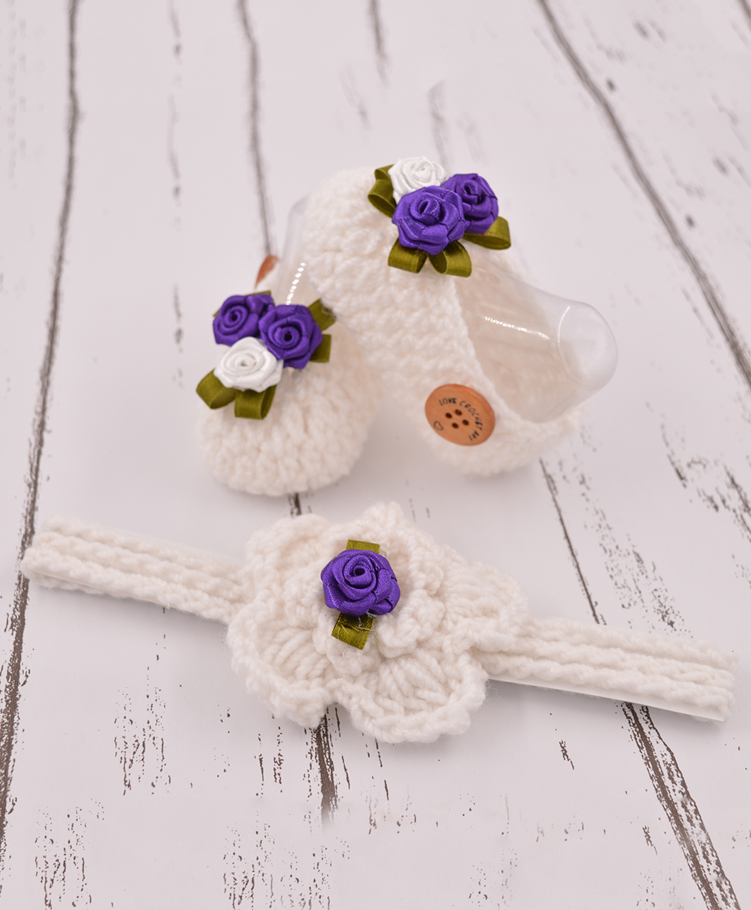 Love Crochet Art Floral Applique Detailed Booties & Headband Set - Purple-picture-26