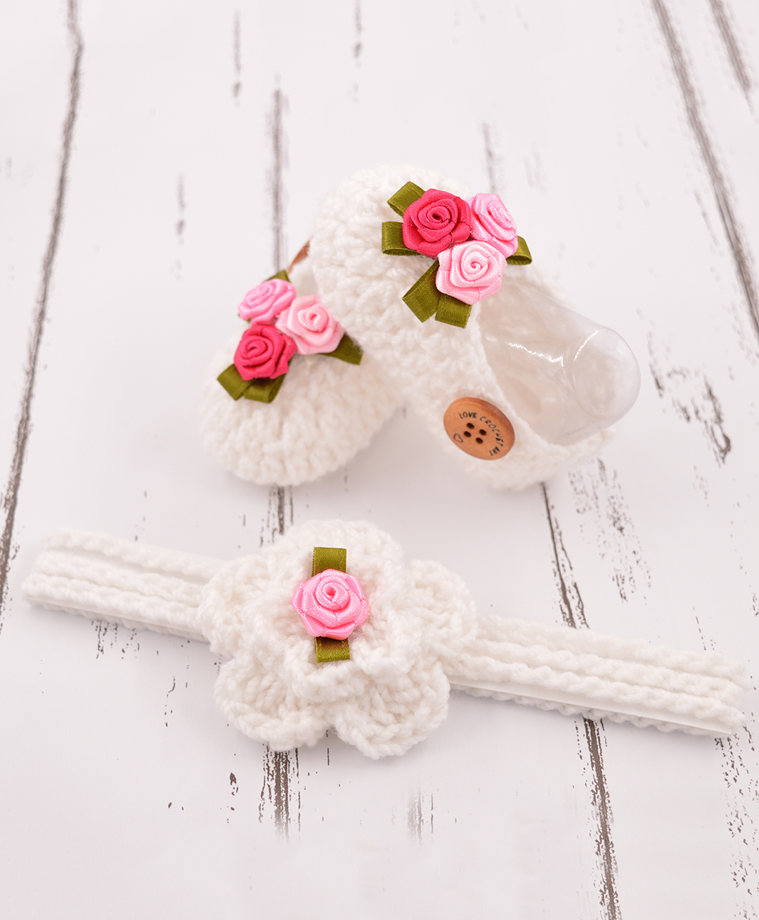 Love Crochet Art Floral Applique Detailed Booties & Headband Set - Pink-image-33