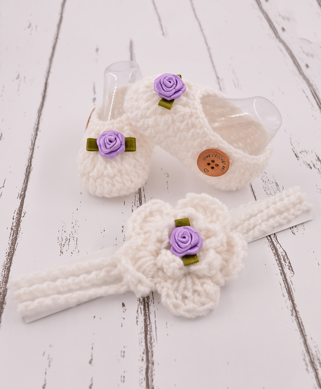 Love Crochet Art Floral Applique Detailed Booties & Headband Set - Lavender-picture-10