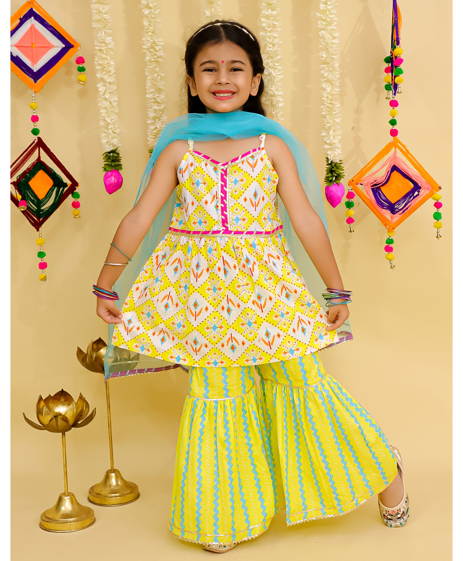 Junitos Cotton Woven Sleeveless Ikat Printed Kurti Sharara With Dupatta Set - Yellow-picture-20