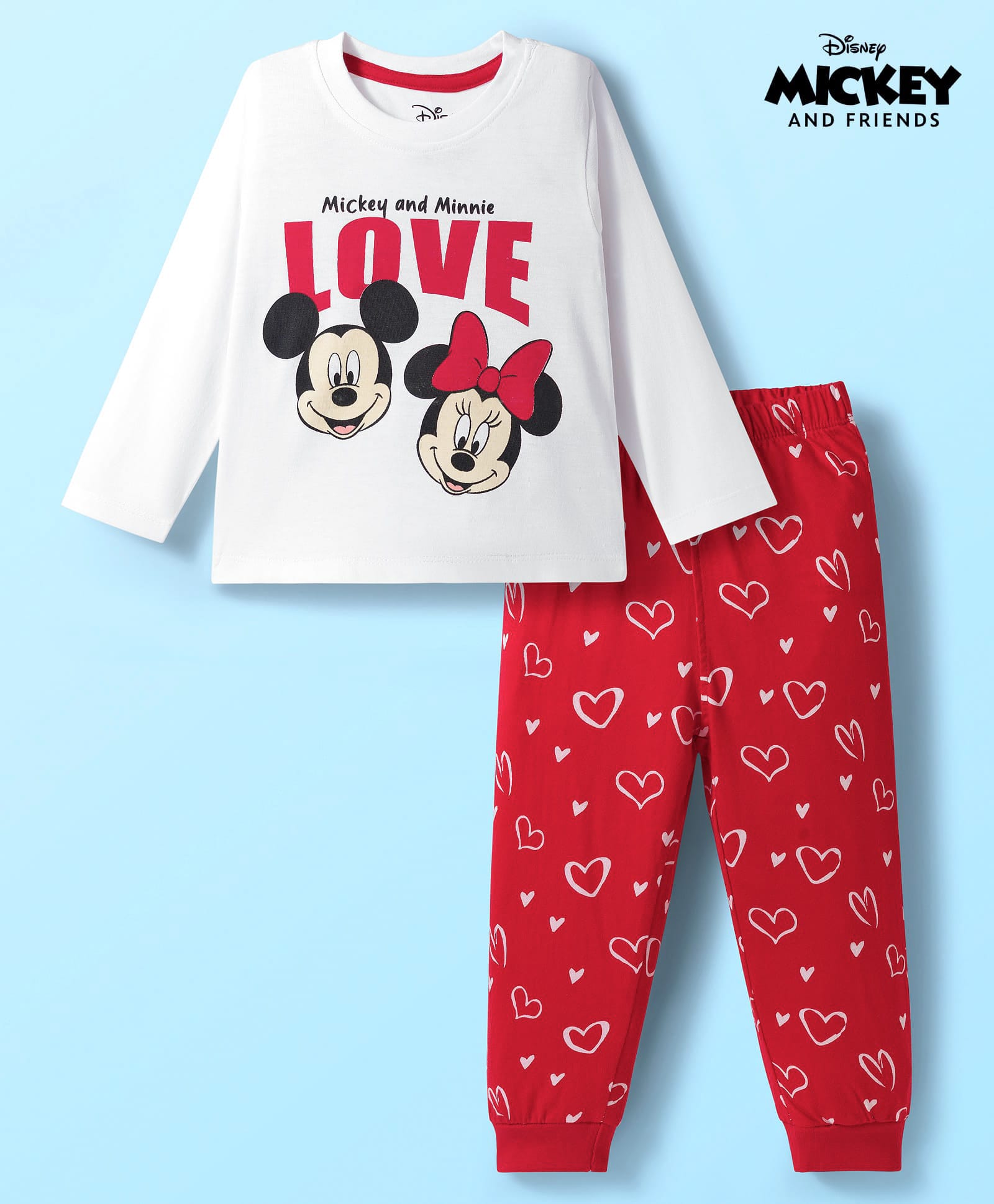 Babyhug Disney Single Jersey Knit Full Sleeves Pyjama Set with Minnie Mouse Graphic - White & Red-image-29