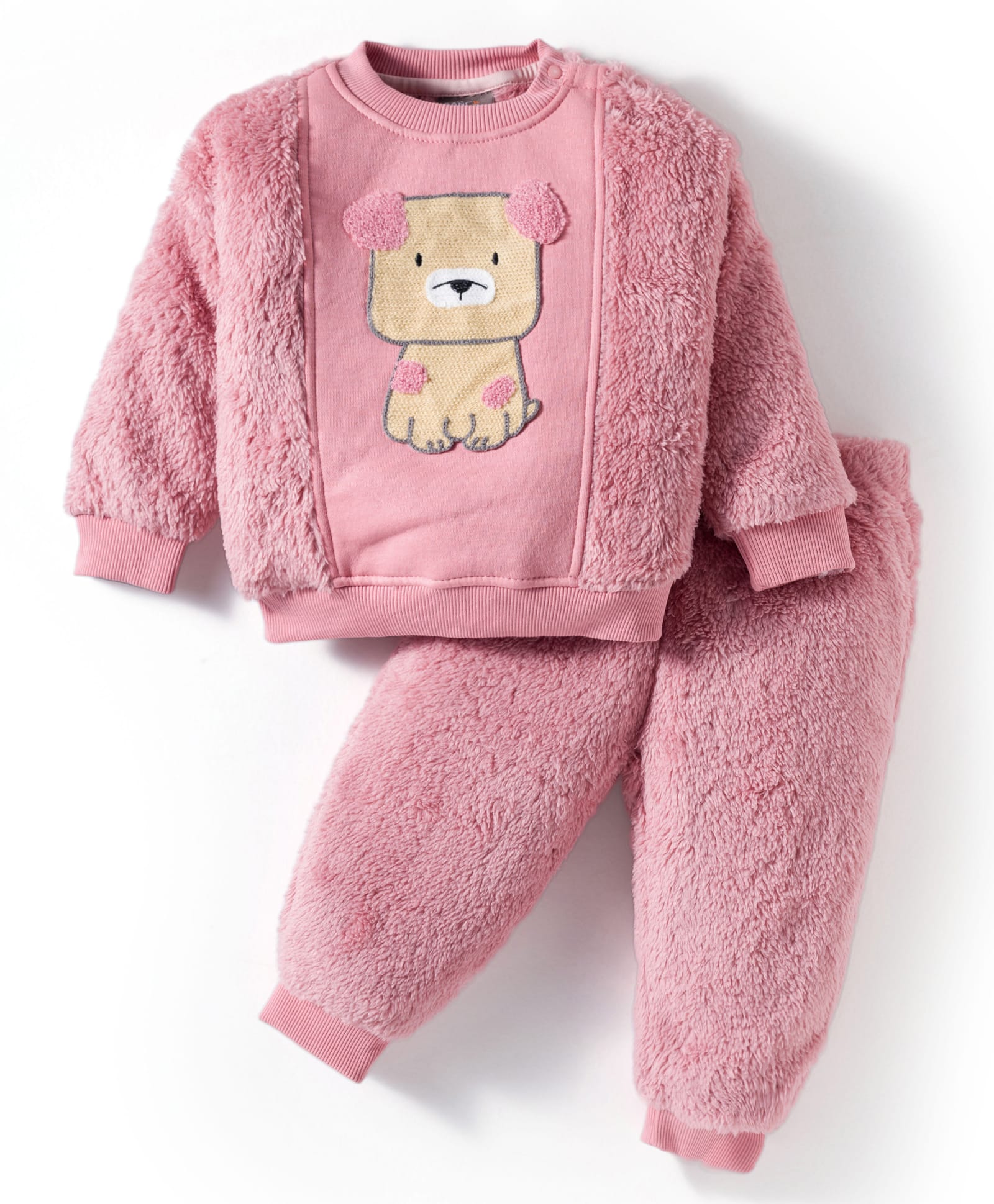 Little Kangaroos Fur Woven Full Sleeves Winter Wear T-Shirt & Joggers Set with Dog Patch - Pink-image-44