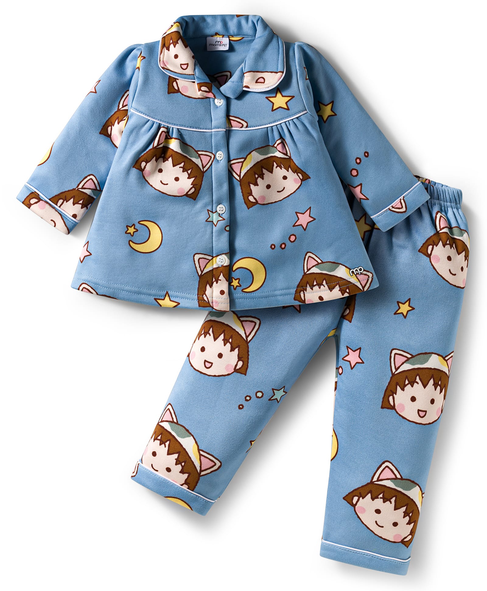 Mom's pet Fleece Knit Full Sleeves Moon & Stars Printed Night Suit Set - Blue-image-8