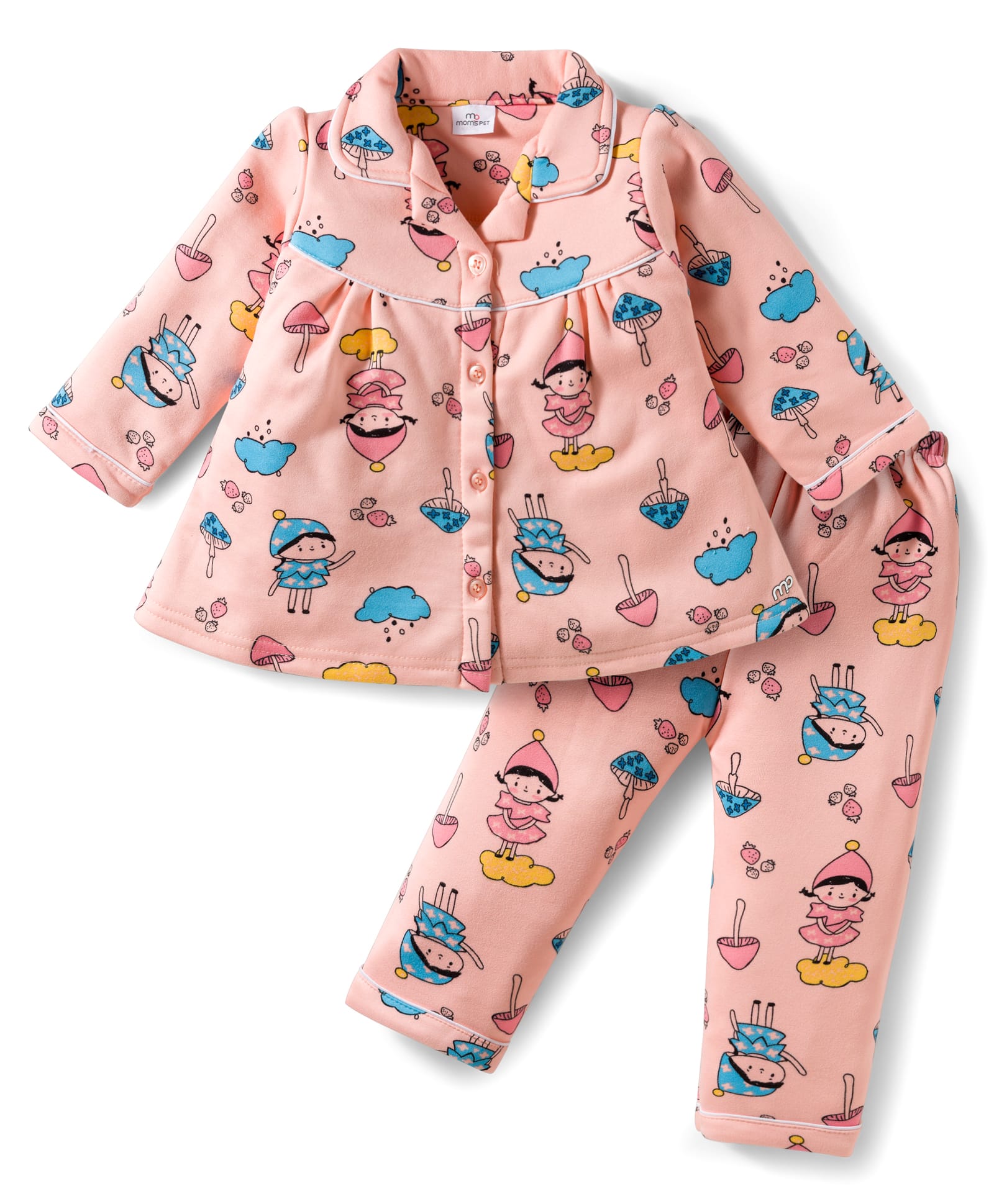 Mom's pet Fleece Knit Full Sleeves Clouds Printed Night Suit Set - Peach-image-30