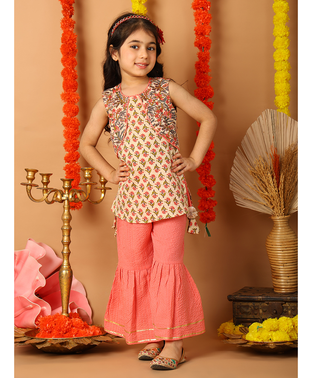 Kinder Kids Cotton Woven Sleeveless Floral Printed Kurti With Attached Jacket And Sharara Set - Peach-picture-20