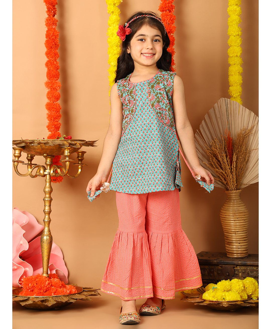 Kinder Kids Cotton Woven Sleeveless Floral Printed Kurti With Attached Jacket And Sharara Set - Blue-image-32