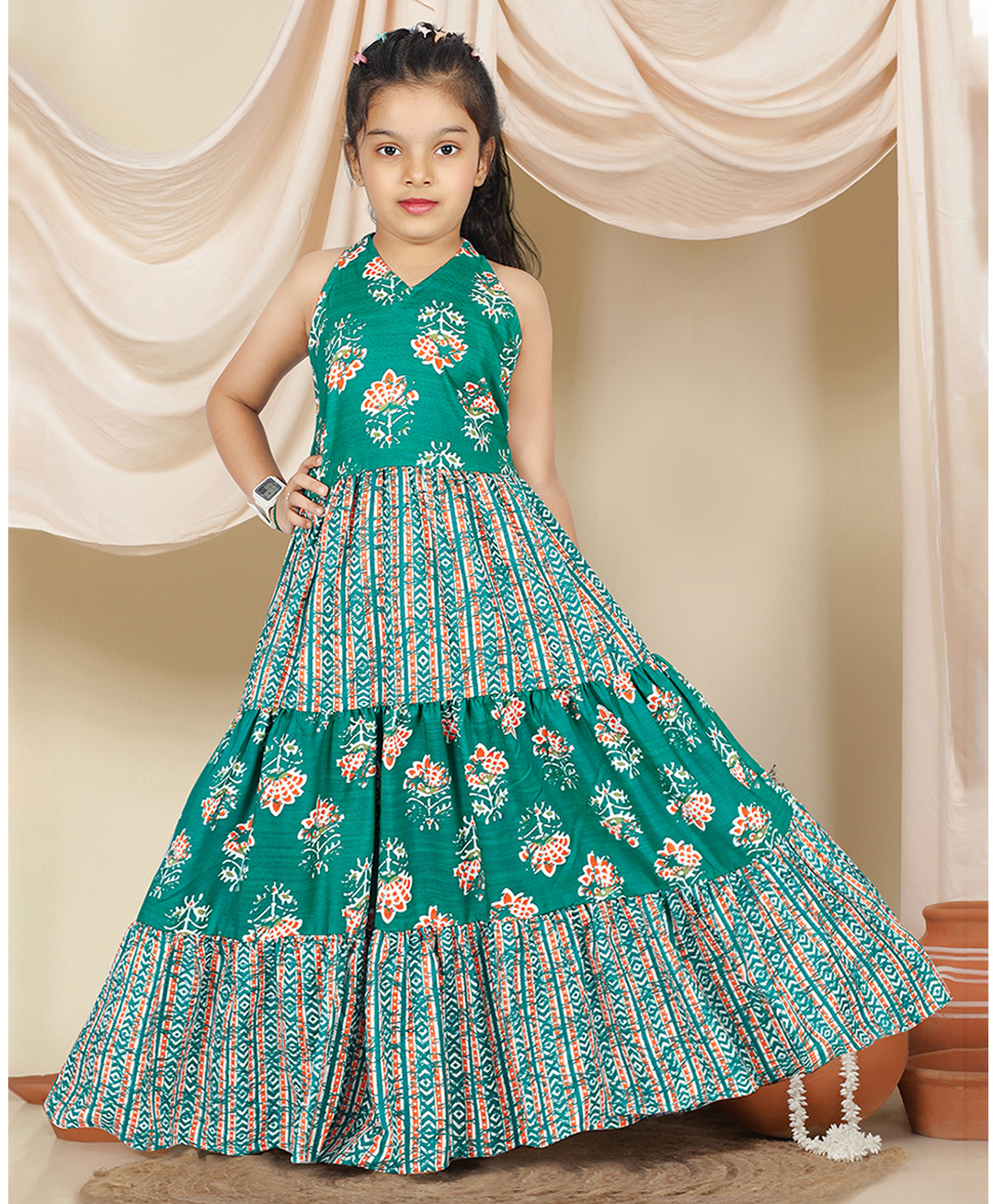 Fashion Dream Cotton Blend Knit Sleeveless Floral Printed Dress - Turquoise-picture-10