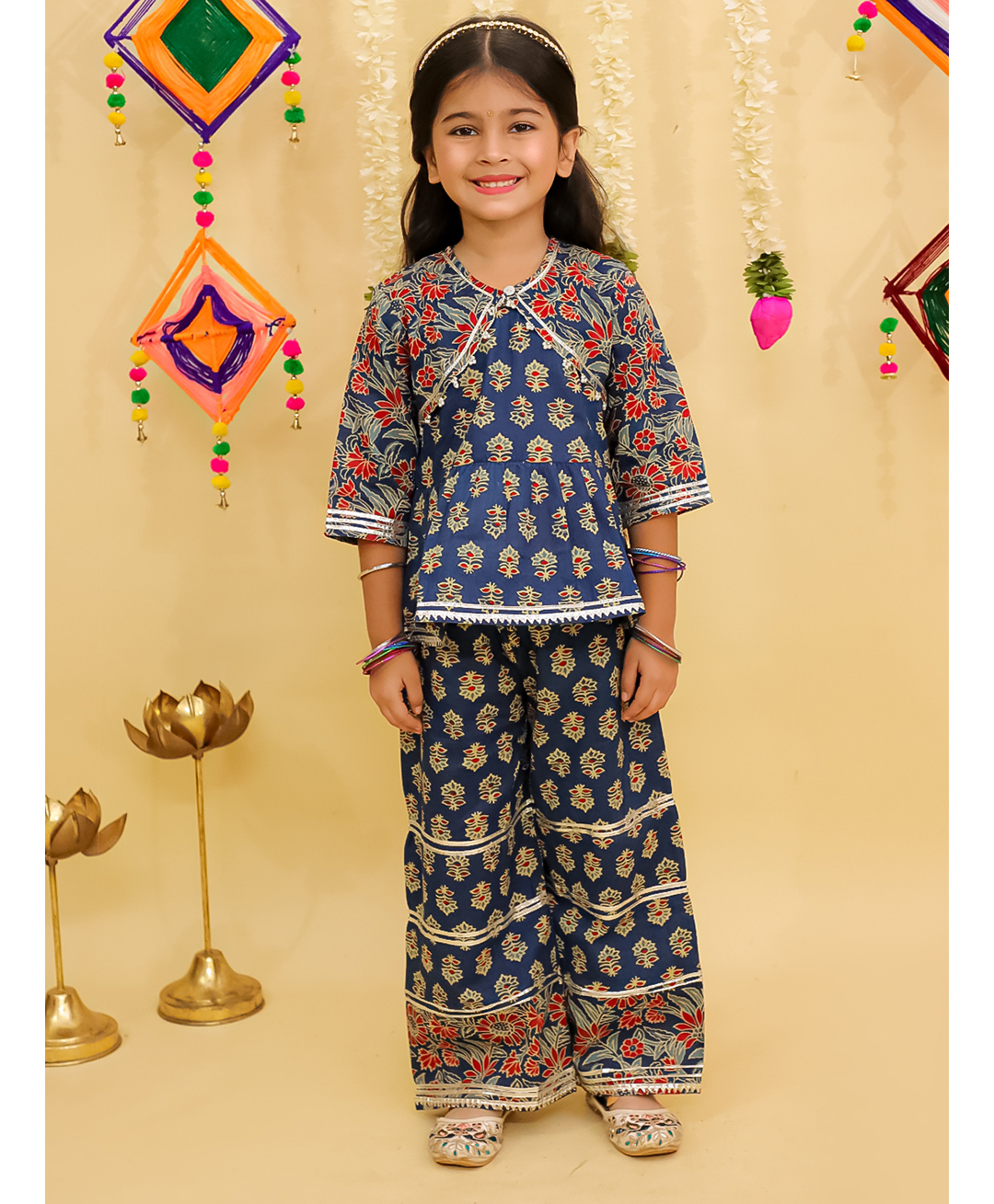 AJ Dezines Cotton Woven Navratri Theme Three Fourth Sleeves Floral Printed & Gota Lace Embellished Top & Palazzo Set - Blue-picture-33