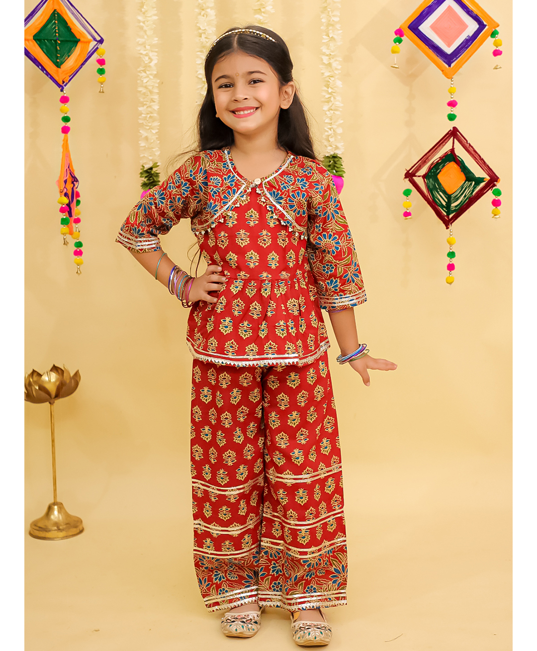 AJ Dezines Cotton Woven Navratri Theme Three Fourth Sleeves Floral Printed & Gota Lace Embellished Top & Palazzo Set - Red-picture-36