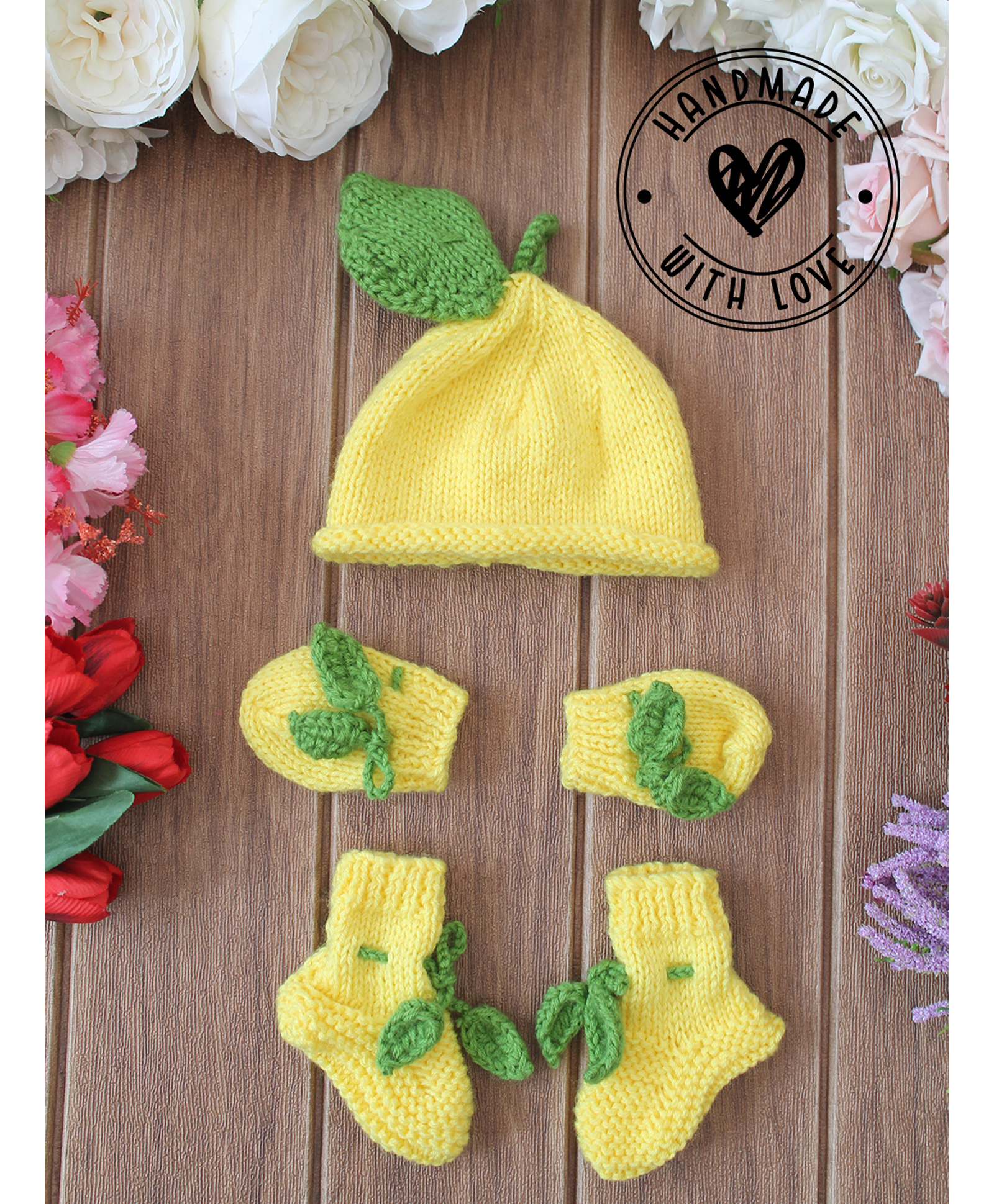 Woonie Lemon Designed Cap With Mittens & Booties Set - Yellow-image-2