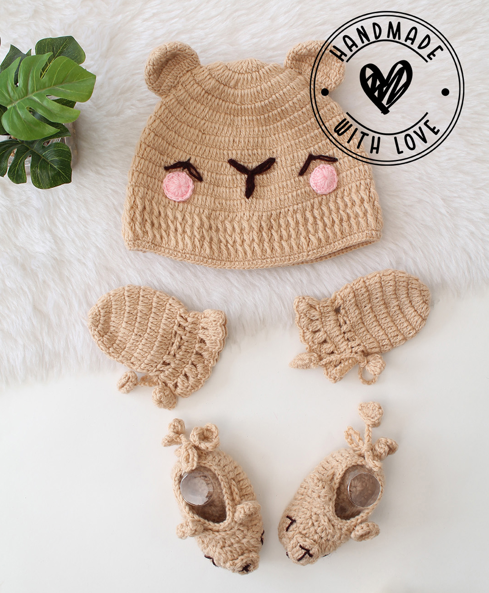 Woonie Teddy Bear Face Applique Embroidered Cap With Mittens & Booties Set - Beige-image-12