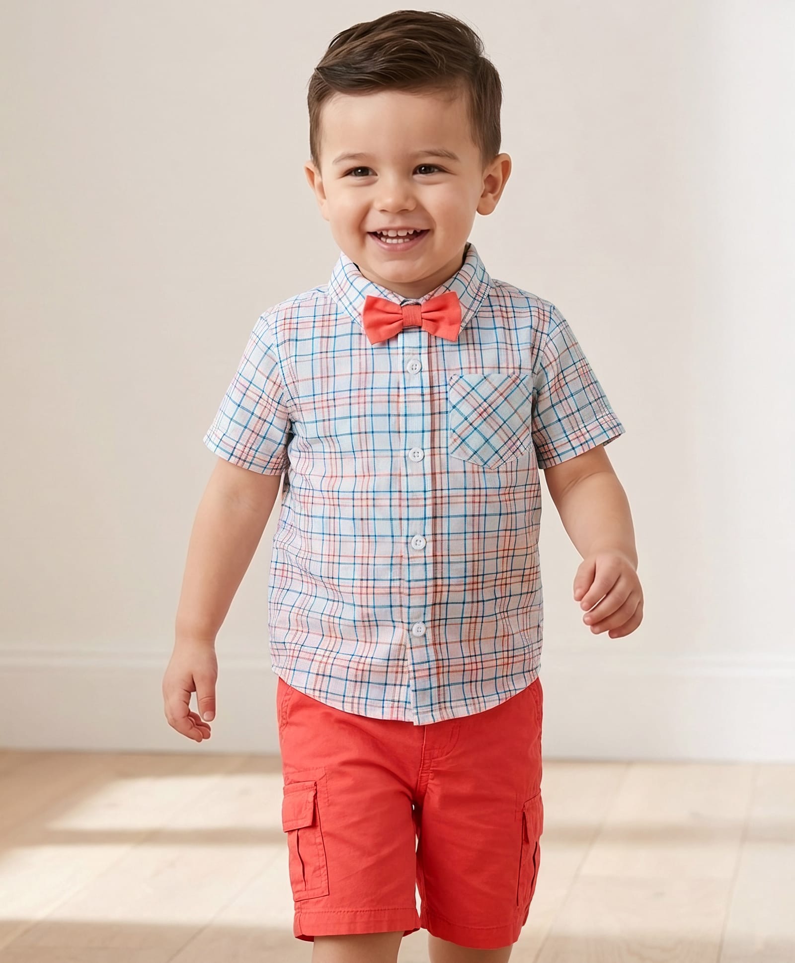 Babyhug Cotton Knit Half Sleeves Shirt & Shorts Set with Bow & Checks Print - White & Coral-picture-22