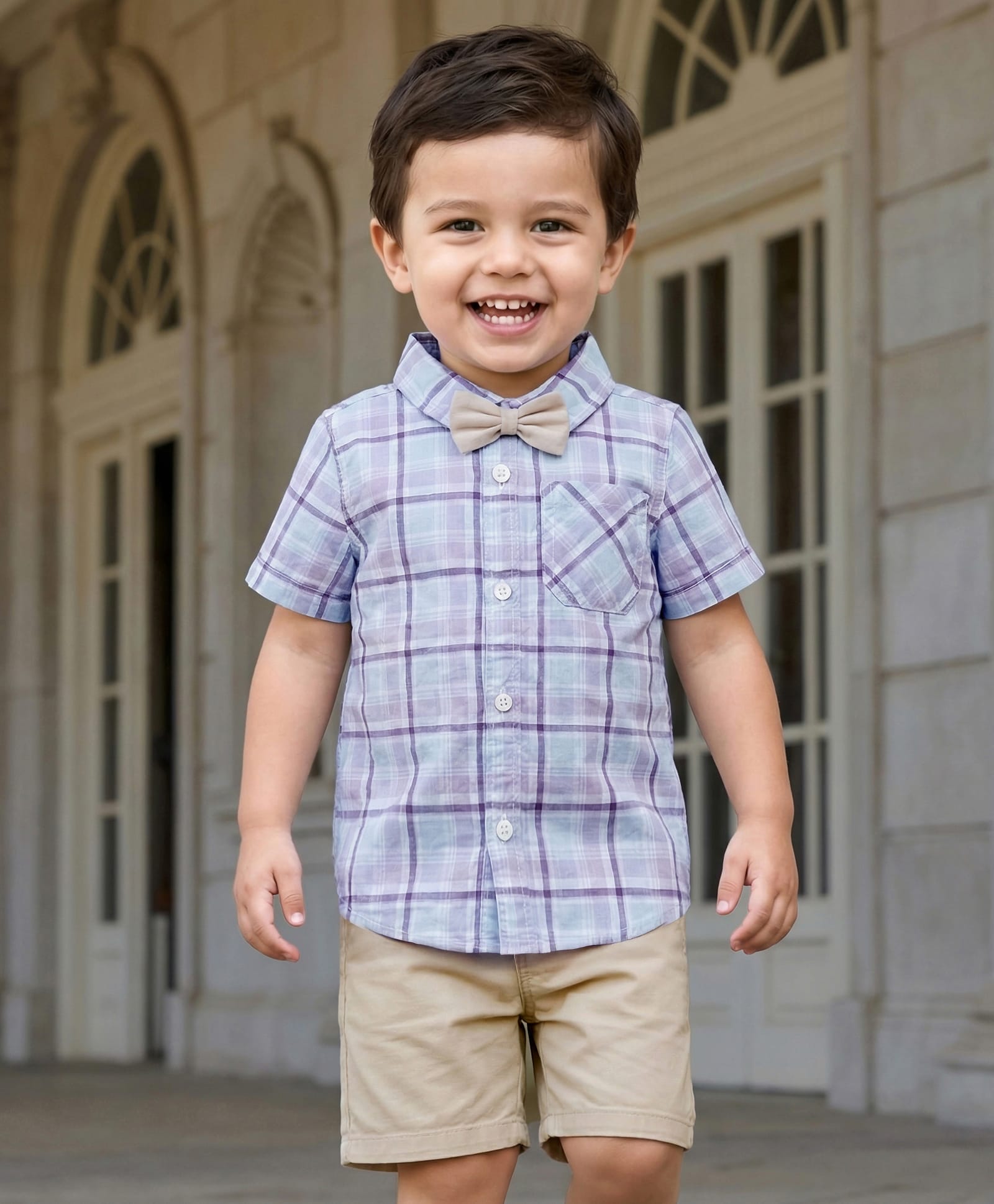 Babyhug Cotton Knit Half Sleeves Shirt & Shorts Set with Bow & Checks Print - White & Beige-image-7