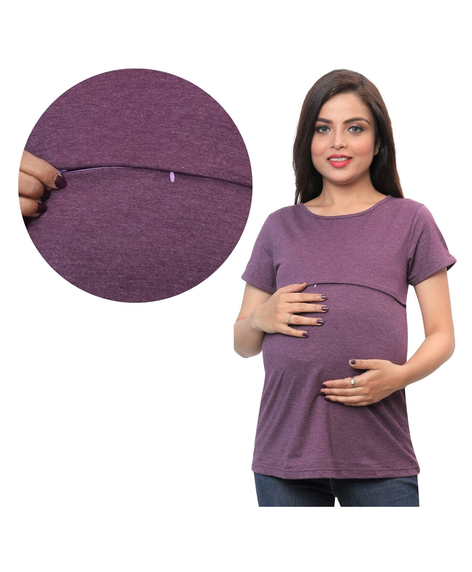 Mama & Bebe Cotton Blend Knit Half Sleeves Solid Maternity Tee WIth Horizontal Open Nursing Access - Purple