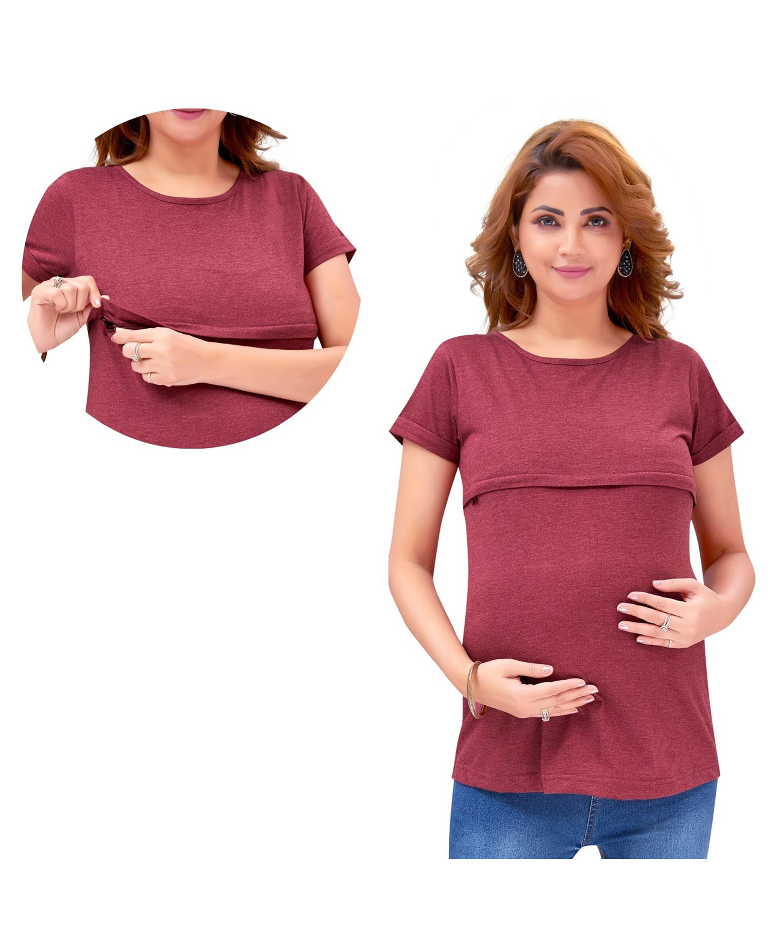 Mama & Bebe Cotton Blend Knit Half Sleeves Solid Maternity Tee WIth Horizontal Open Nursing Access - Maroon Melange-picture-37