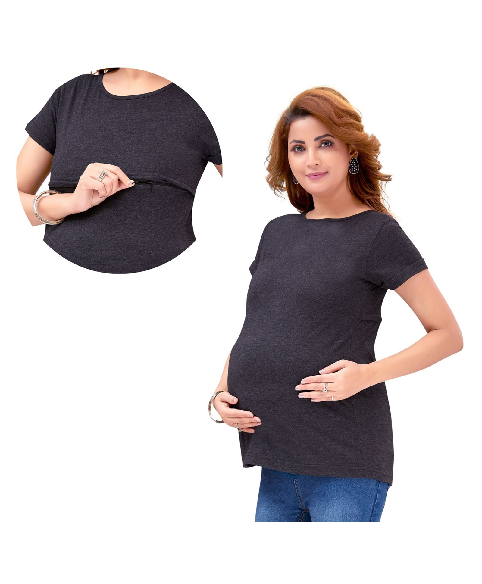 Mama & Bebe Cotton Blend Knit Half Sleeves Solid Maternity Tee WIth Horizontal Open Nursing Access - Anthra Melange-picture-36
