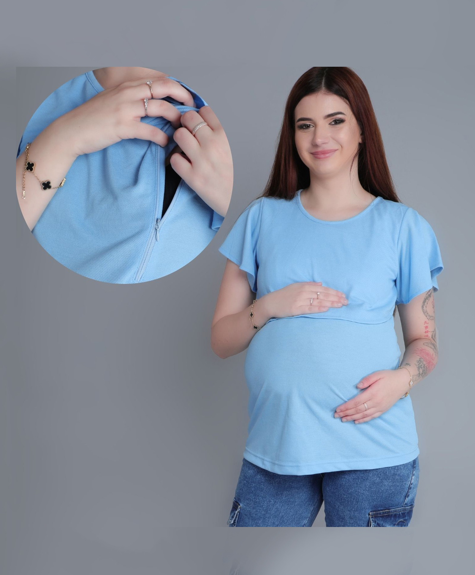 Mama & Bebe Cotton Blend Knit Half Sleeves Solid Maternity Tee WIth Horizontal Open Nursing Access - Sky Blue-image-47