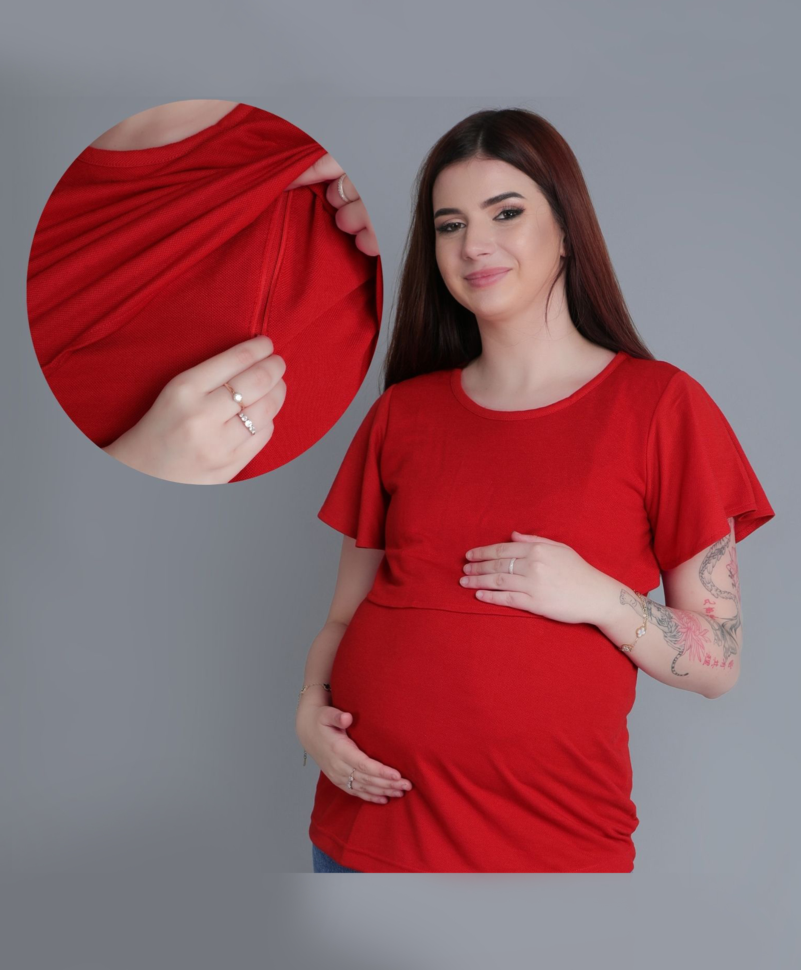 Mama & Bebe Cotton Blend Knit Half Sleeves Solid Maternity Tee WIth Horizontal Open Nursing Access - Red-picture-35