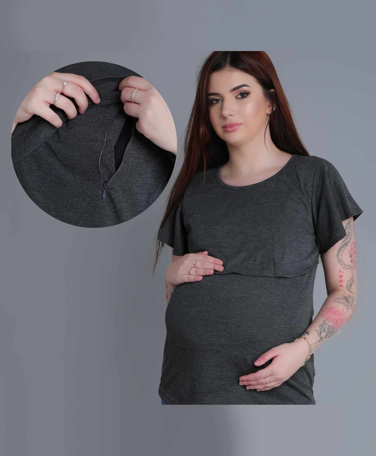 Mama & Bebe Cotton Blend Knit Half Sleeves Solid Maternity Tee WIth Horizontal Open Nursing Access - Anthra-picture-34