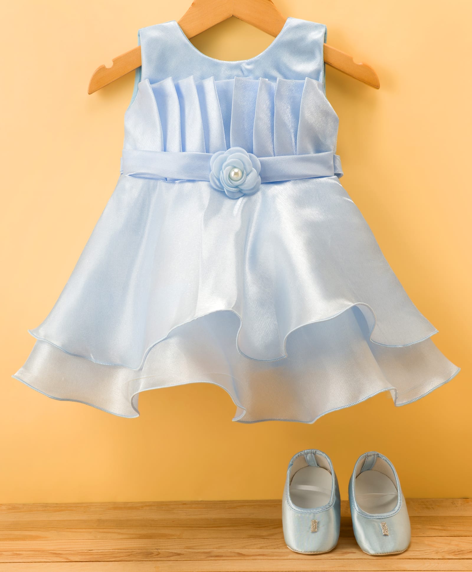 Bluebell Tissue Woven Sleeveless Party Frock With Floral Applique & Booties - Light Blue-image-17