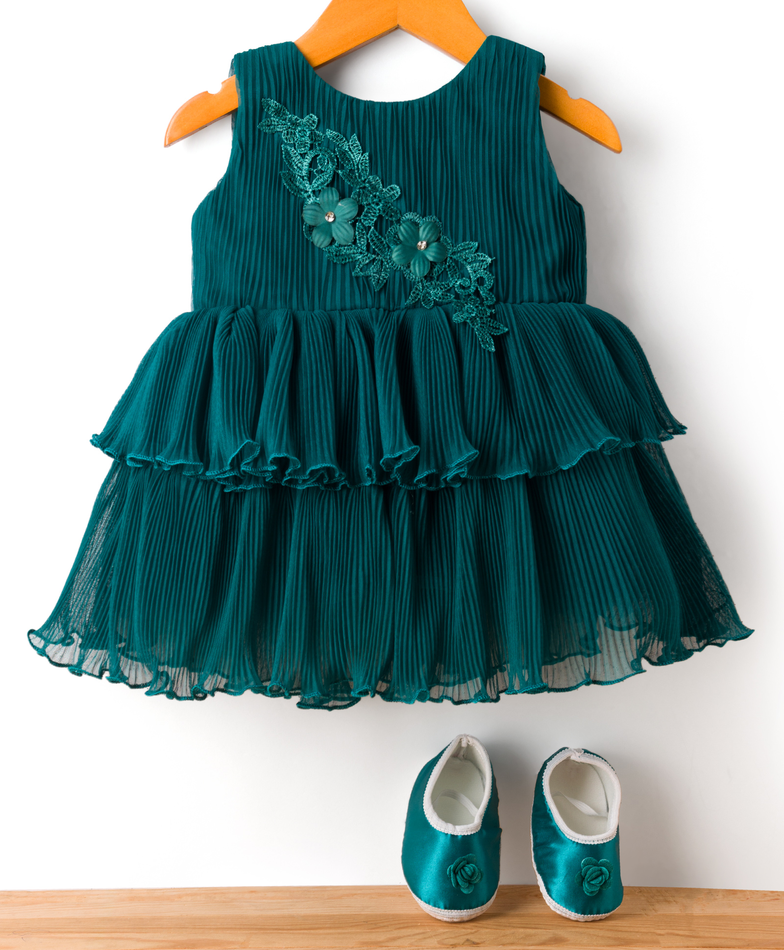 Bluebell Net Woven Sleeveless Layered Party Frock with Floral Aplique and Booties - Dark Green-image-26
