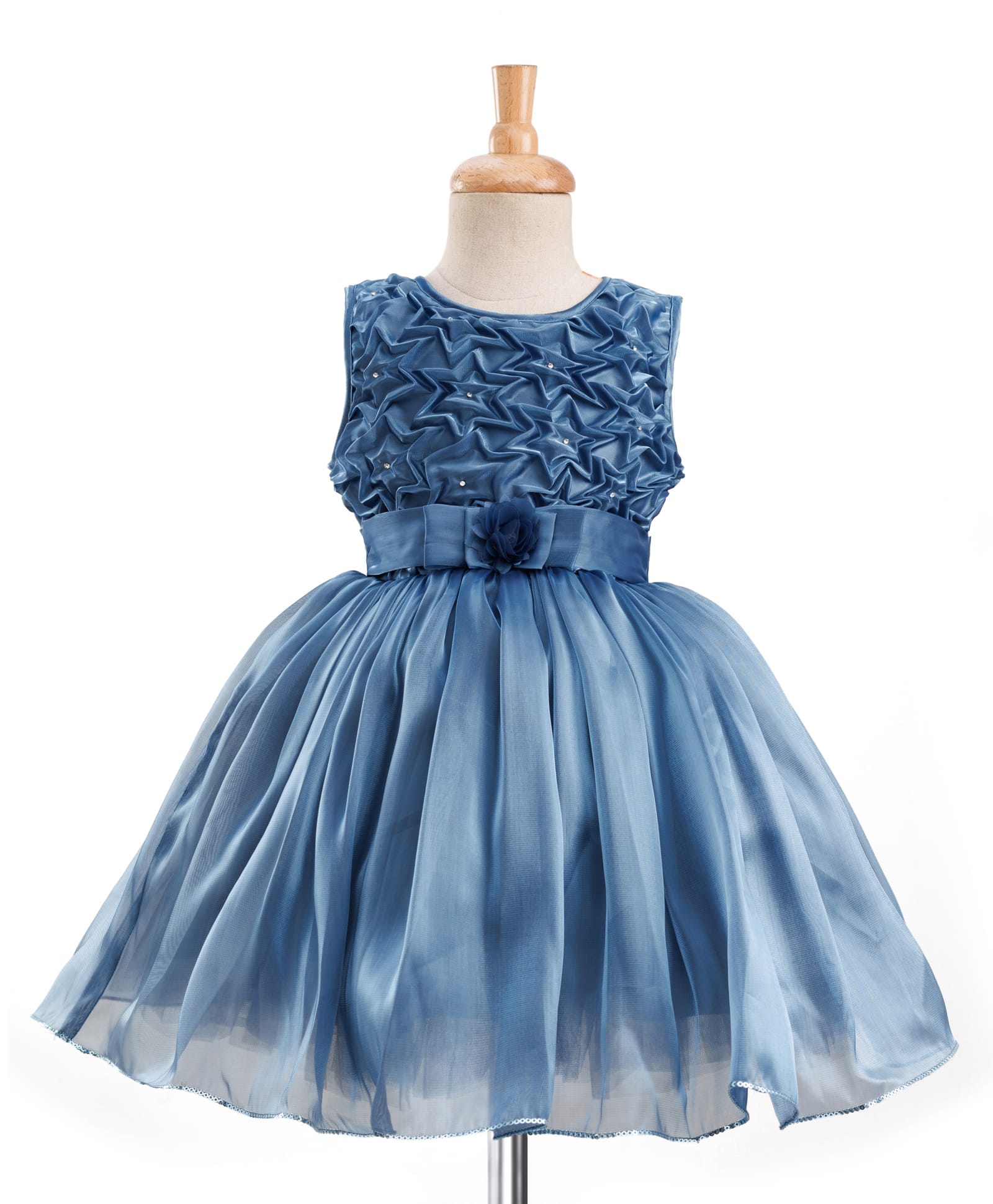 Bluebell Tissue Woven Sleeveless Frock With Floral Applique - Blue-image-27