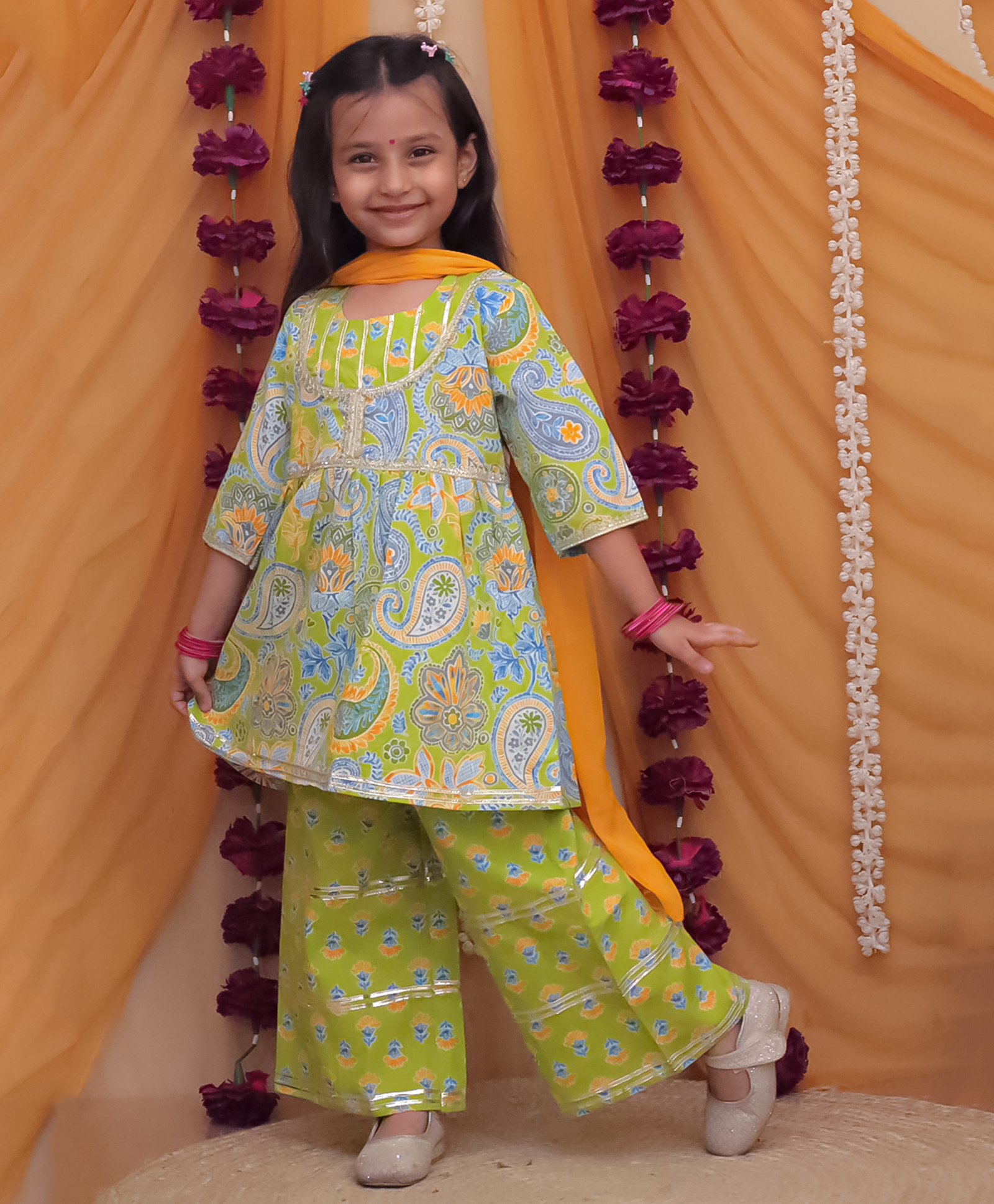 AJ Dezines Cotton Woven Three Fourth Sleeves Floral Printed & Gota Lace Embellished Kurti Palazzo With Dupatta Set - Green-picture-18